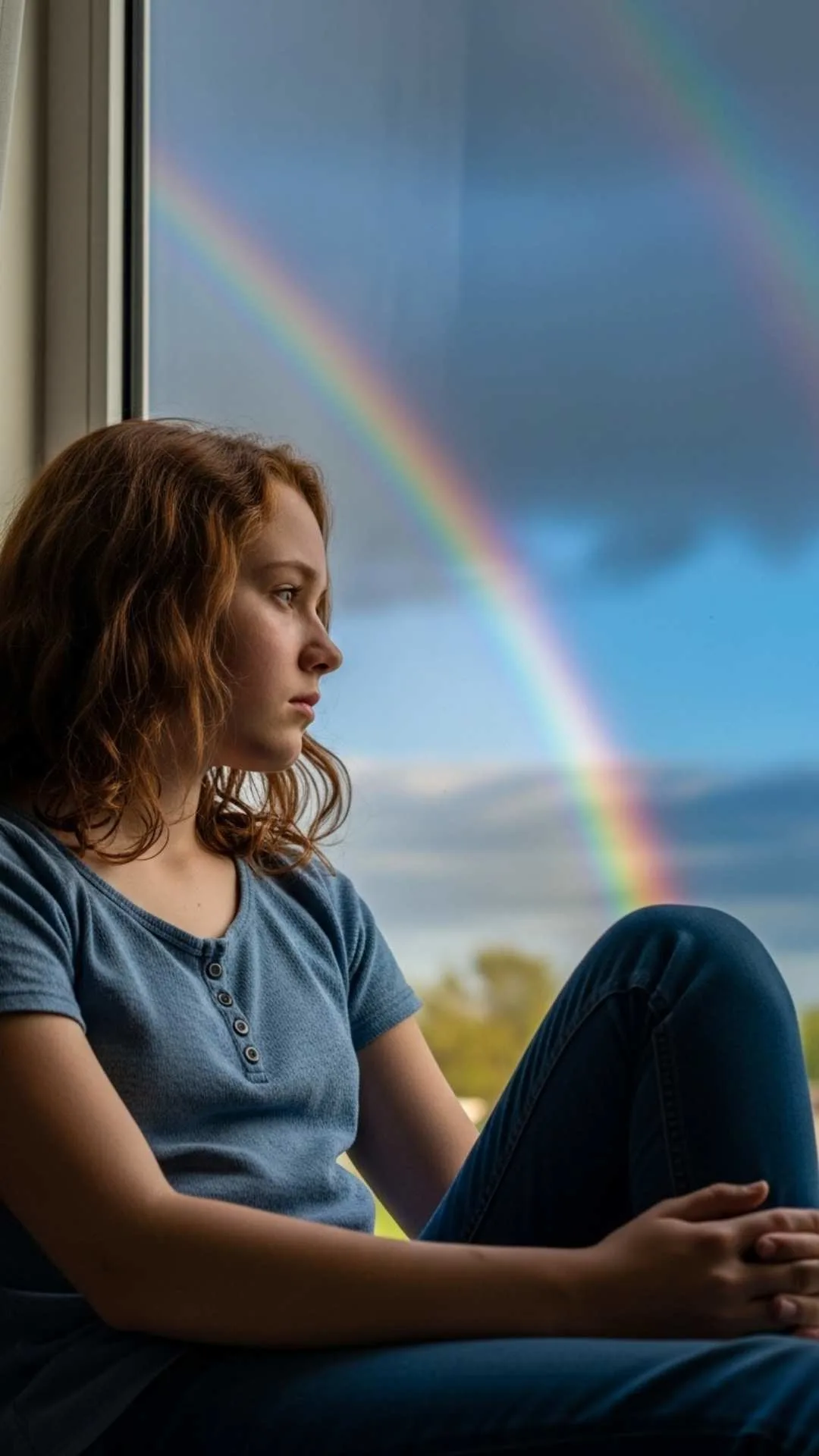 Girl by window DP, calm after storm profile pic, rainbow hope FB DP, peaceful sad girl avatar.