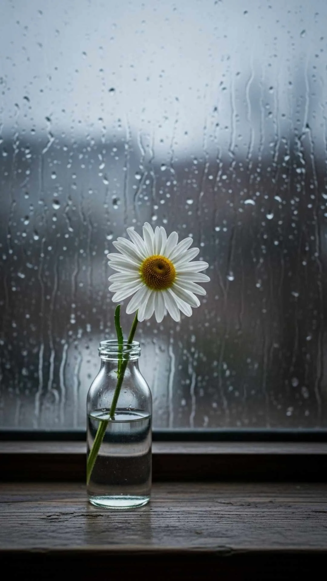 A sad and lonely DP of a single white daisy by a rainy window, an emotional and aesthetic avatar for a moody profile picture on WhatsApp or Instagram.