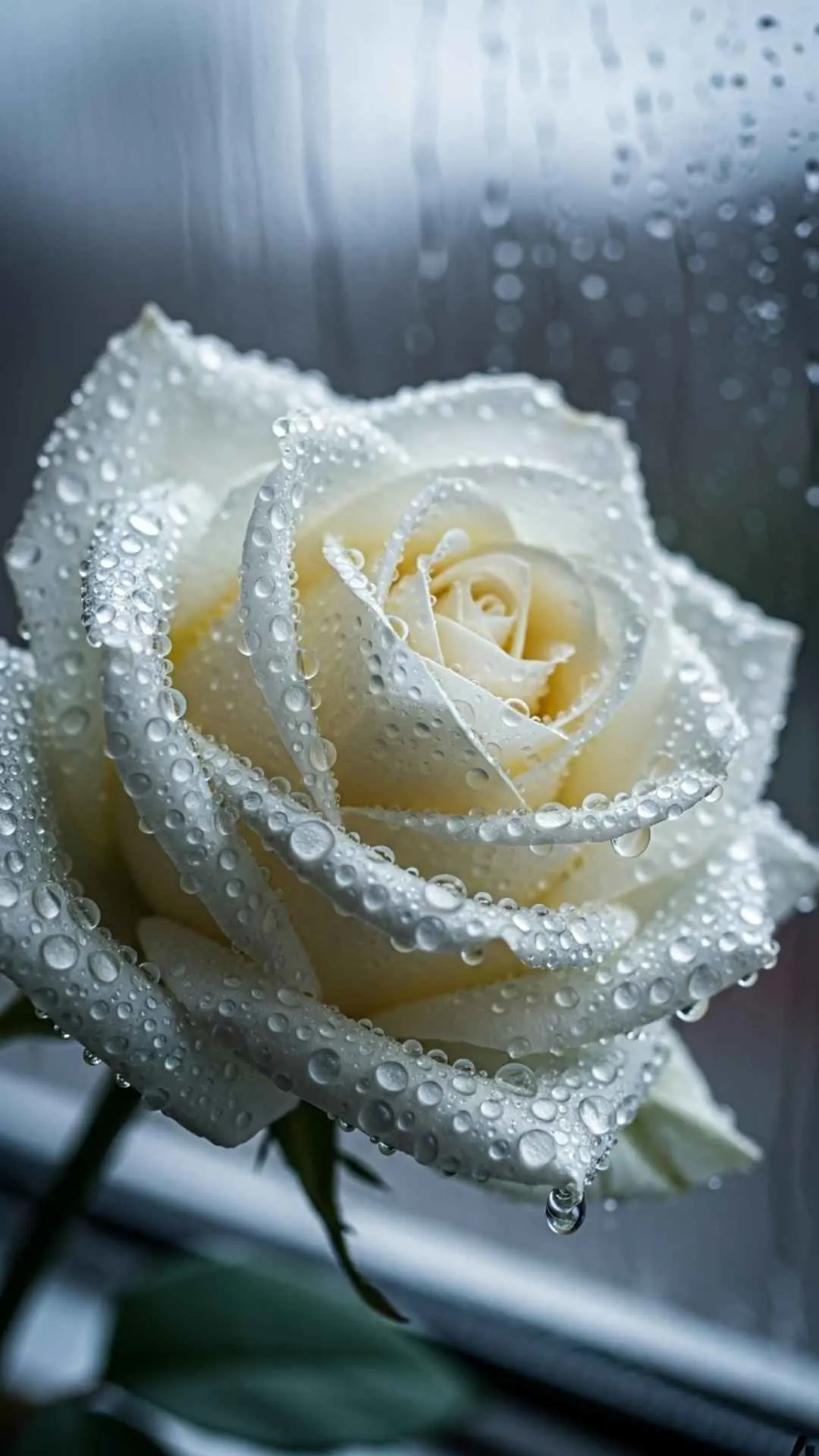 An aesthetic avatar of a sad white rose covered in rain drops that look like tears, a lonely and moody image for a profile picture on WhatsApp or Instagram