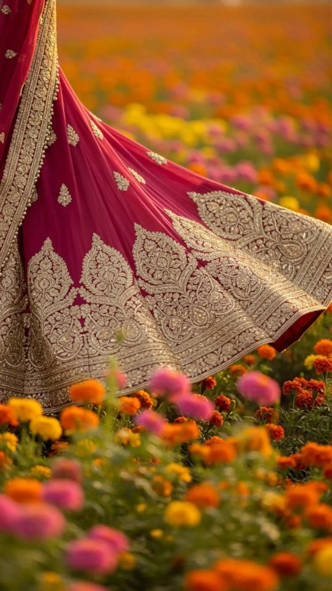 The swirling hem of a colorful Indian garment in a marigold field. A joyful and celebratory floral DP for WhatsApp, representing dance and festivity. #indianattire #floraldance #celebration