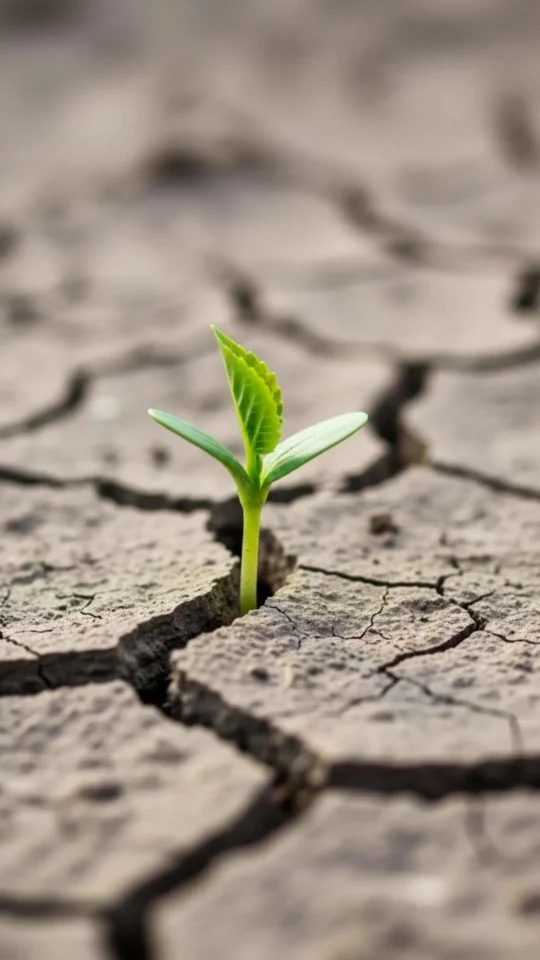 A macro shot of a tiny green seedling pushing through cracked dry earth, symbolizing growth and potential, with no text.
