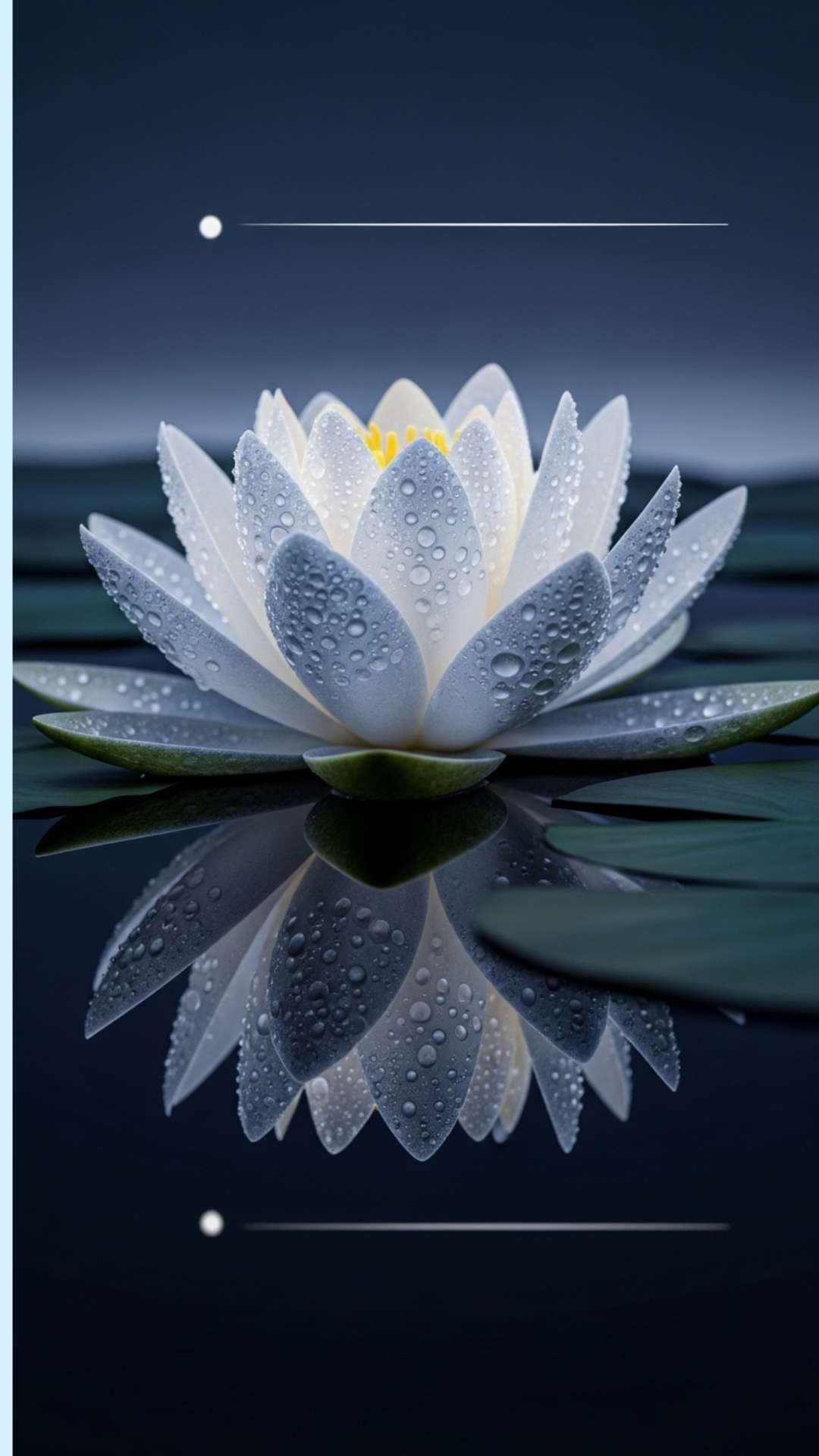 Serene white lotus at night, macro photo with luminous raindrops, moonlight reflection on still water