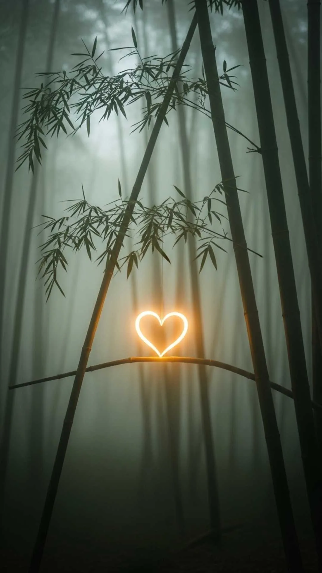 Soft-focus bamboo stalks in misty forest, glowing heart, serene love, healing nature, ethereal beauty