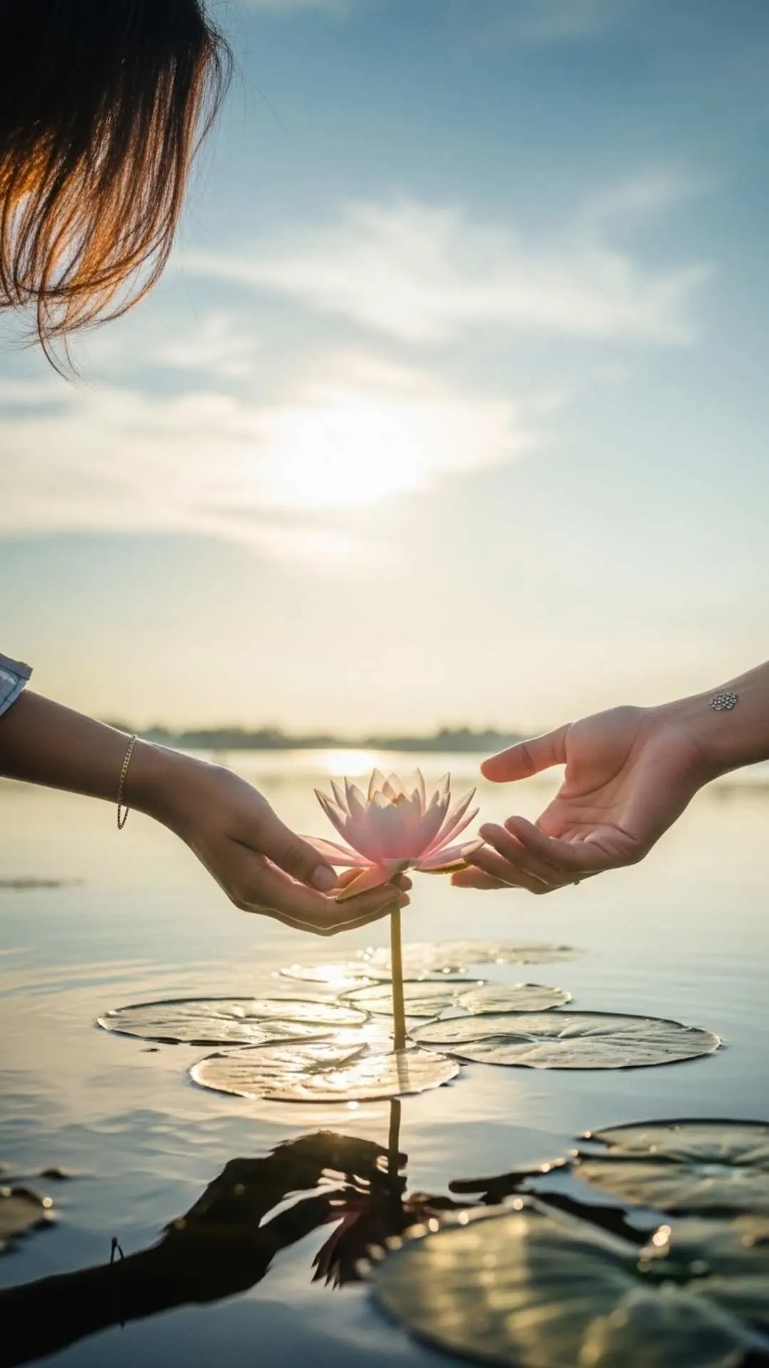 Hand with bindi touching blooming lotus, serene water, peaceful love, gentle connection, healing touch