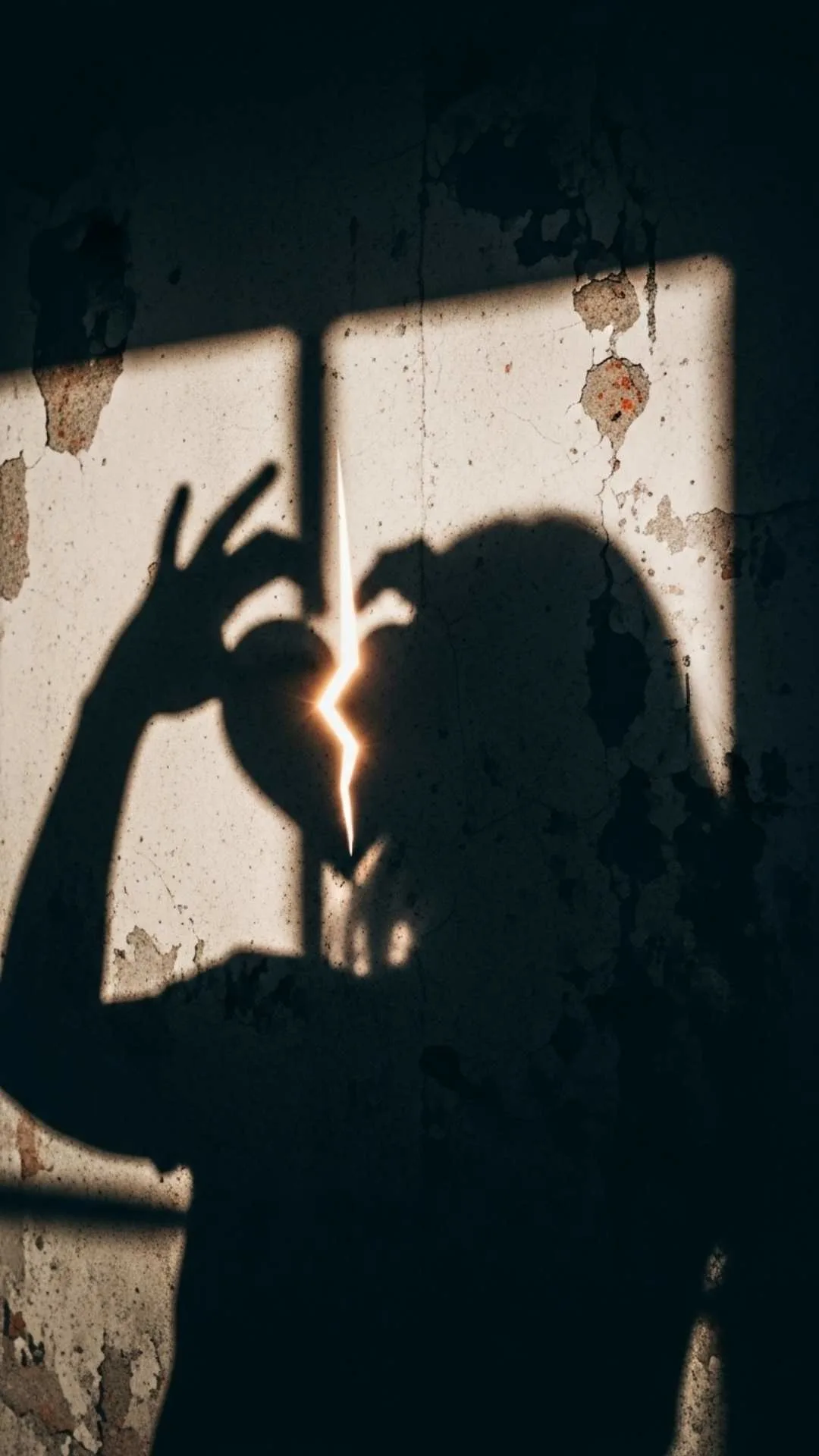 A symbolic broken heart DP of a girl's shadow, where light breaks the heart shape, representing emotional pain.