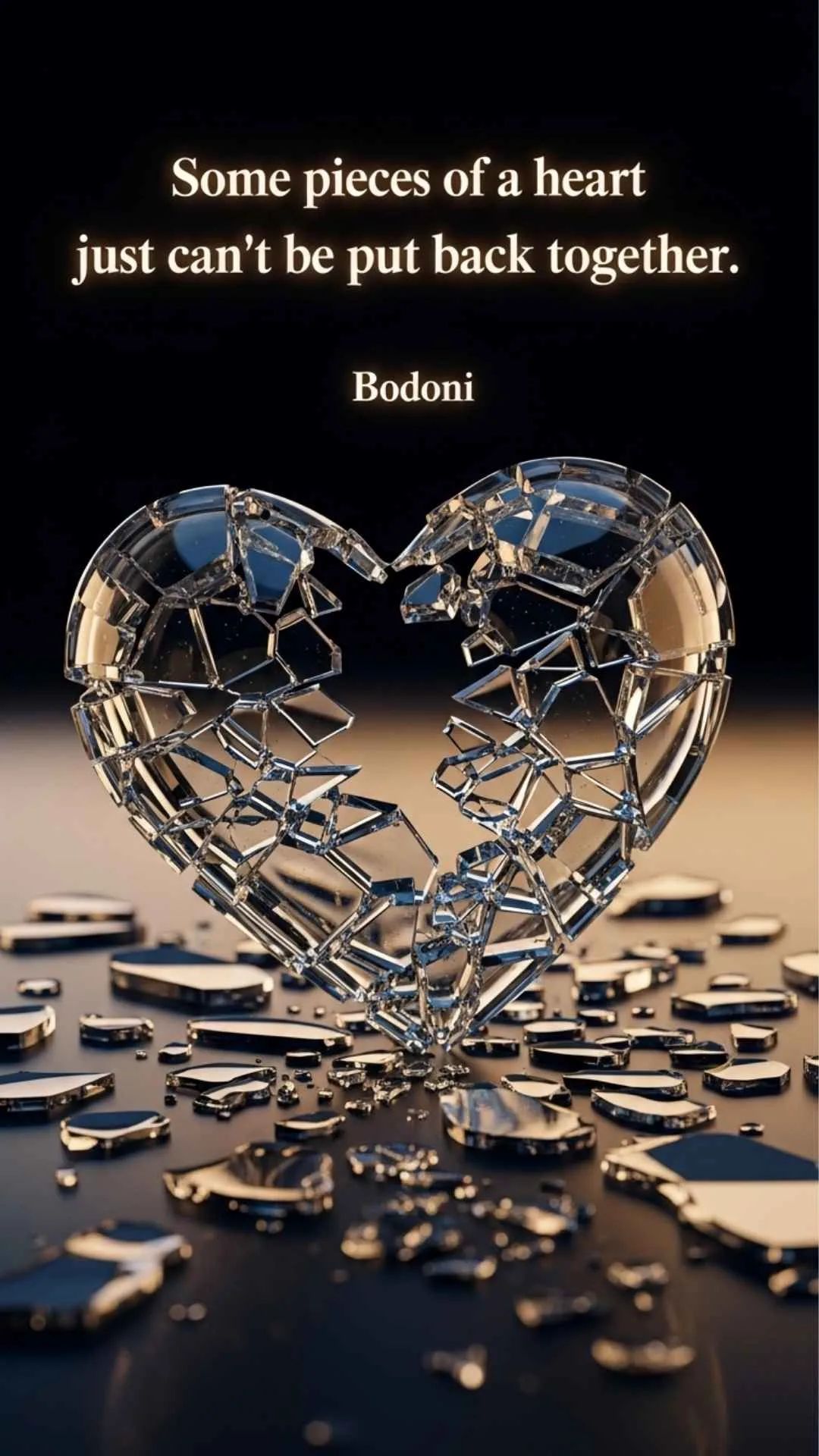 A heartbreak quote DP with a shattered glass heart and the text "Some pieces of a heart just can't be put back together.