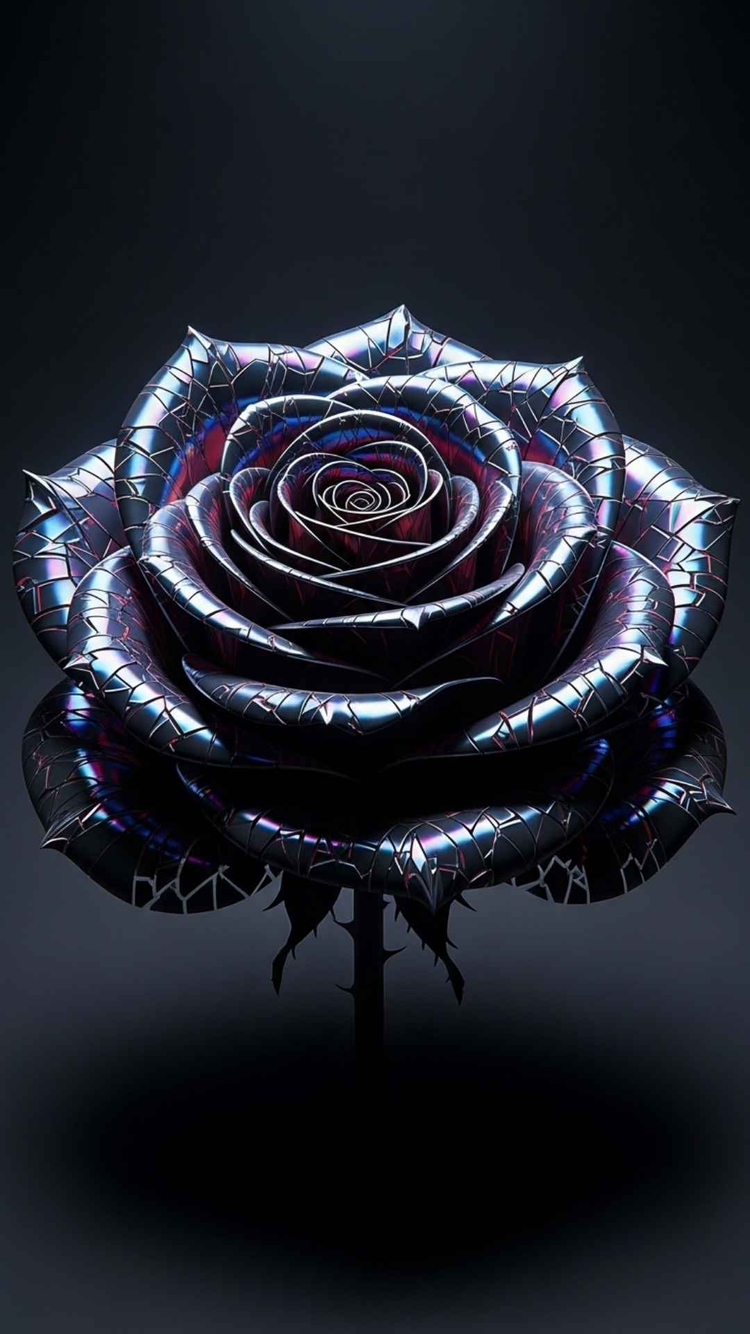 Surreal black rose digital painting, shattered metallic petals with deep blue and purple shimmer, dark background, dramatic lighting