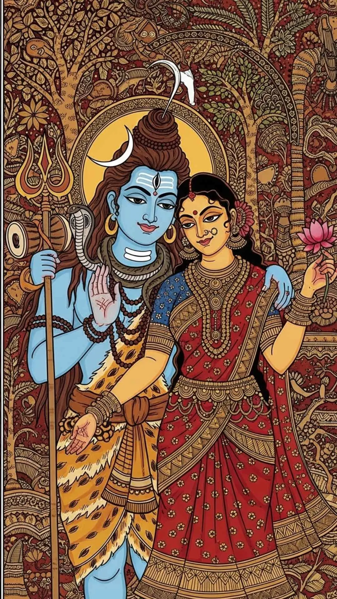Folk art Shiv Parvati DP, traditional Indian art style depicting the divine couple with cultural richness. #FolkArt #IndianArt #Madhubani #Kalamkari #TraditionalDP