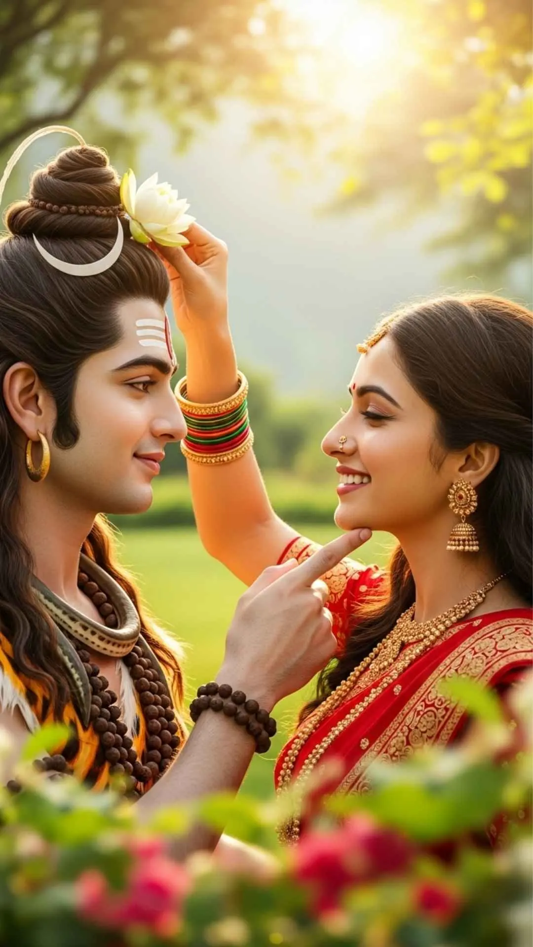 Playful Shiv Parvati DP, a sweet and endearing image of the divine couple sharing a light moment. #PlayfulGods #SweetCouple #DivineRomance #LightheartedDP #ShivParvatiFun