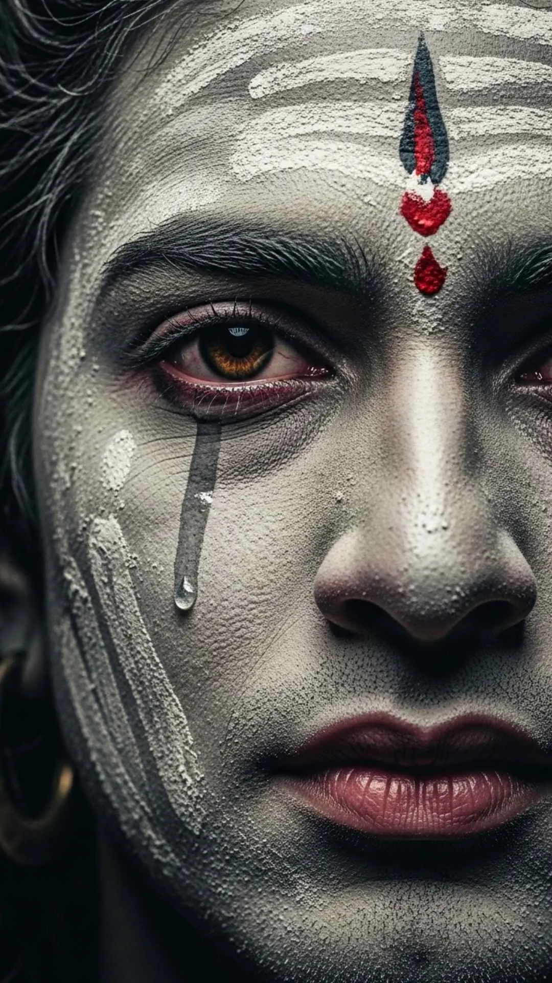 An emotional DP of angry Shiva's face covered in ash, conveying righteous fury and sorrow. #Mahadev #Bholenath #RighteousAnger #FierceDP #SorrowfulWrath