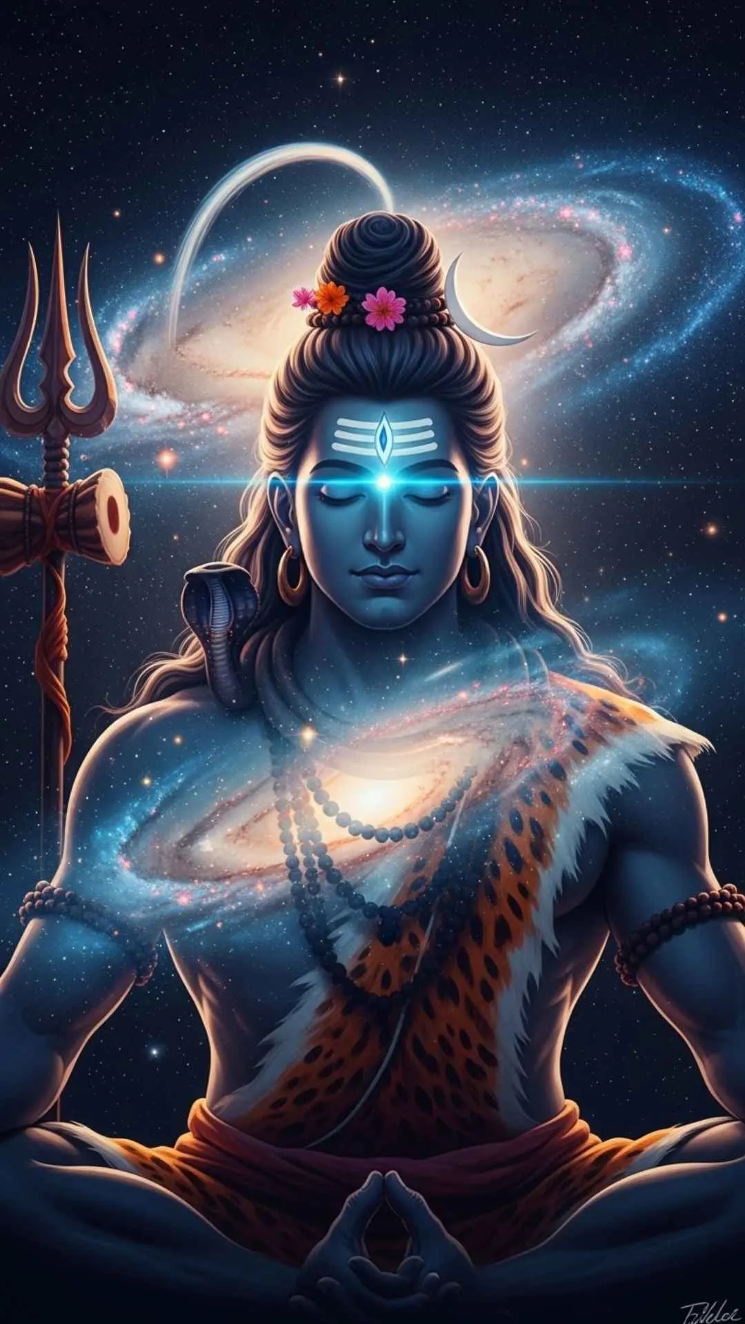 A spiritual DP of Lord Shiva meditating in space, his form blending with the cosmos and galaxies, representing cosmic consciousness. #CosmicShiva #Meditation #Universe #SpiritualEnergy #Oneness