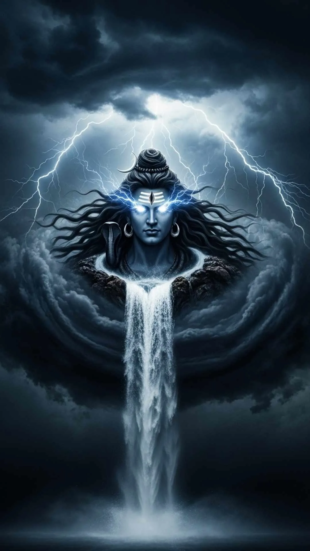 Lord Shiva as the God of the Storm DP, his hair merging with clouds and lightning flashing from his third eye. #StormGodShiva #NaturesFury #Mahakal #AngryGod #DivineStorm