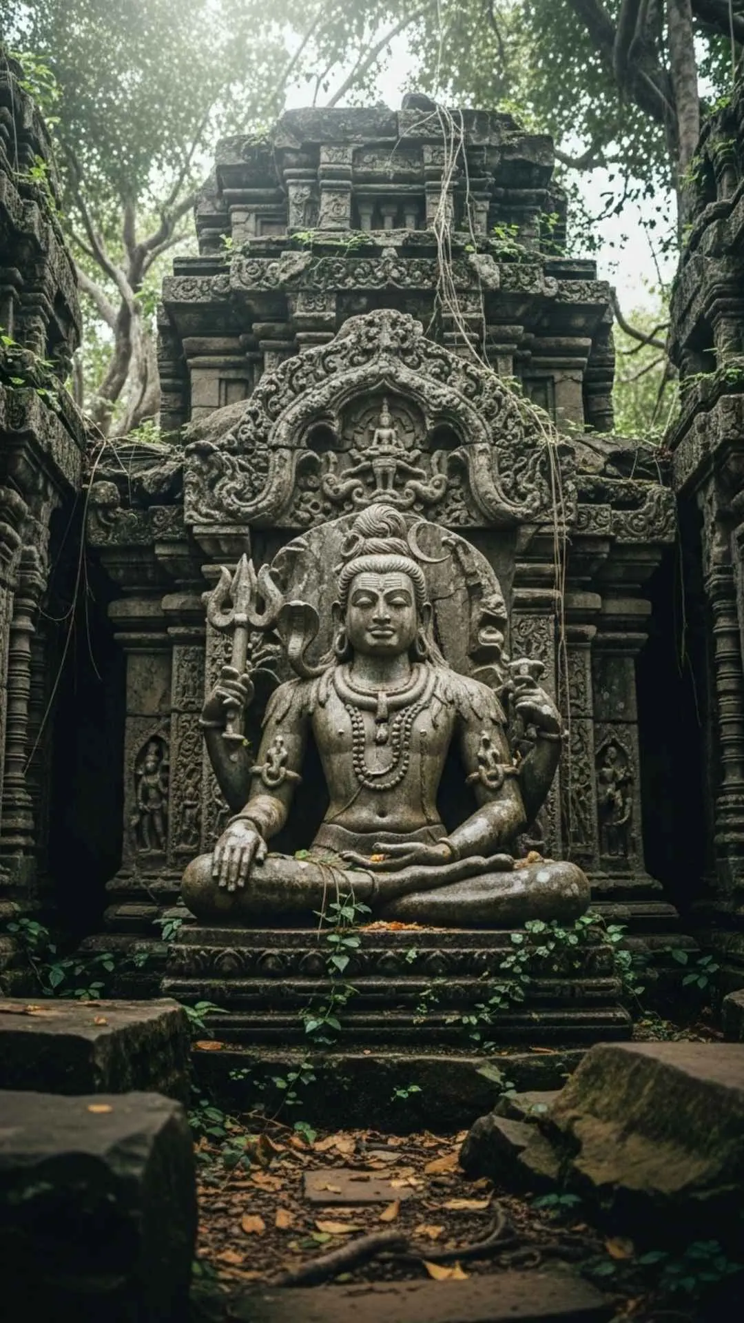 An atmospheric DP of an ancient, moss-covered stone statue of a meditating Shiva in temple ruins, evoking timeless peace. #TimelessPeace #AncientStatue #SpiritualPresence #TempleRuins #Endurance