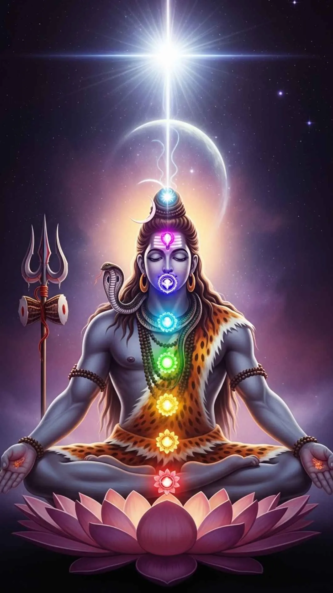 A spiritual DP of meditating Shiva with the seven chakras aligned and glowing, representing spiritual energy and enlightenment. #ChakraHealing #MeditatingShiva #SpiritualAlignment #Kundalini #EnergyDP