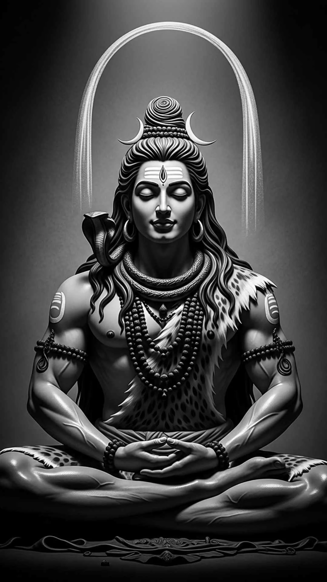 A timeless black and white DP of Lord Shiva in deep meditation, emphasizing stillness and form through high-contrast lighting. #MonochromeShiva #BlackAndWhite #Stillness #TimelessDP #Meditation