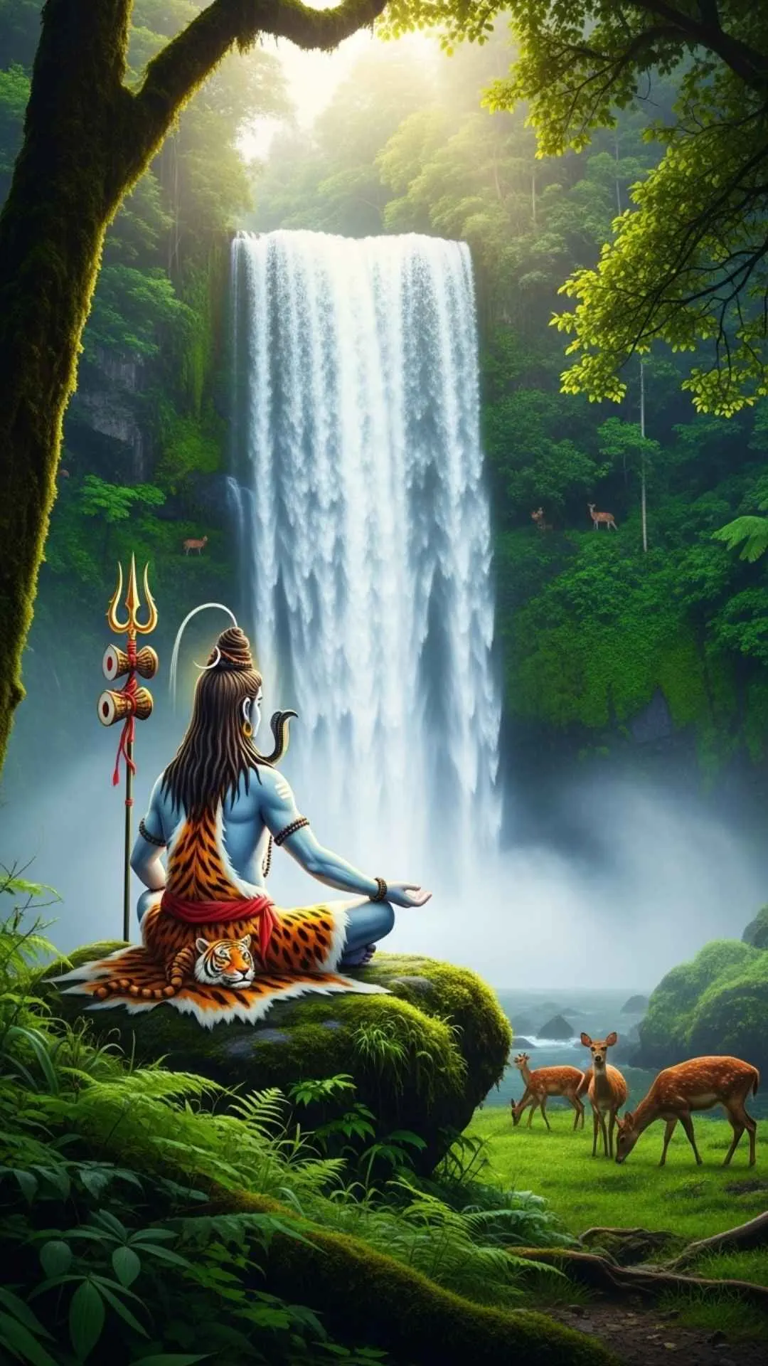 A tranquil DP of Lord Shiva meditating in harmony with nature in a lush forest by a waterfall. #ShivaInNature #Harmony #Tranquility #WaterfallMeditation #Peace