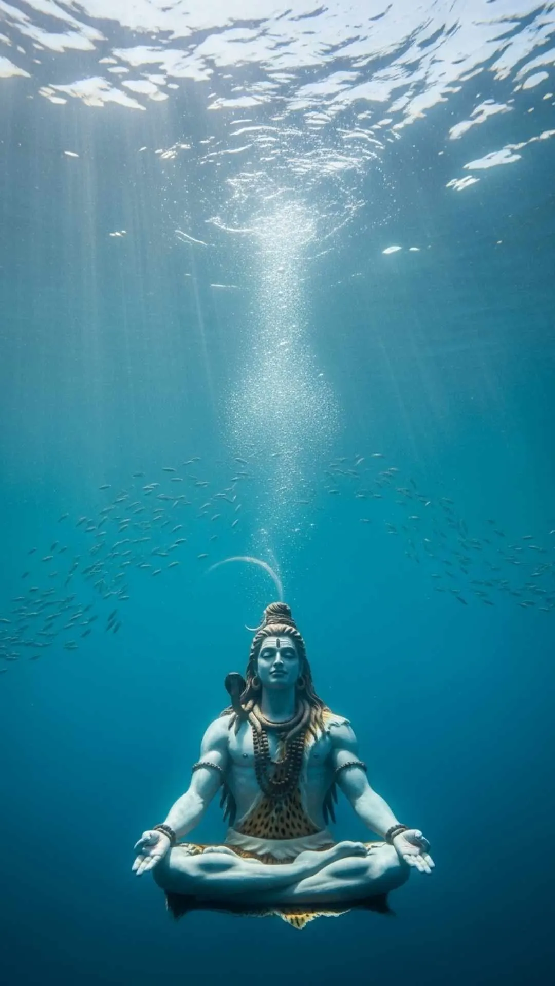 A surreal DP of Lord Shiva meditating underwater in a calm ocean, symbolizing the deep, blissful state of Samadhi. #DeepMeditation #Samadhi #UnderwaterShiva #TranquilDP #SpiritualBliss