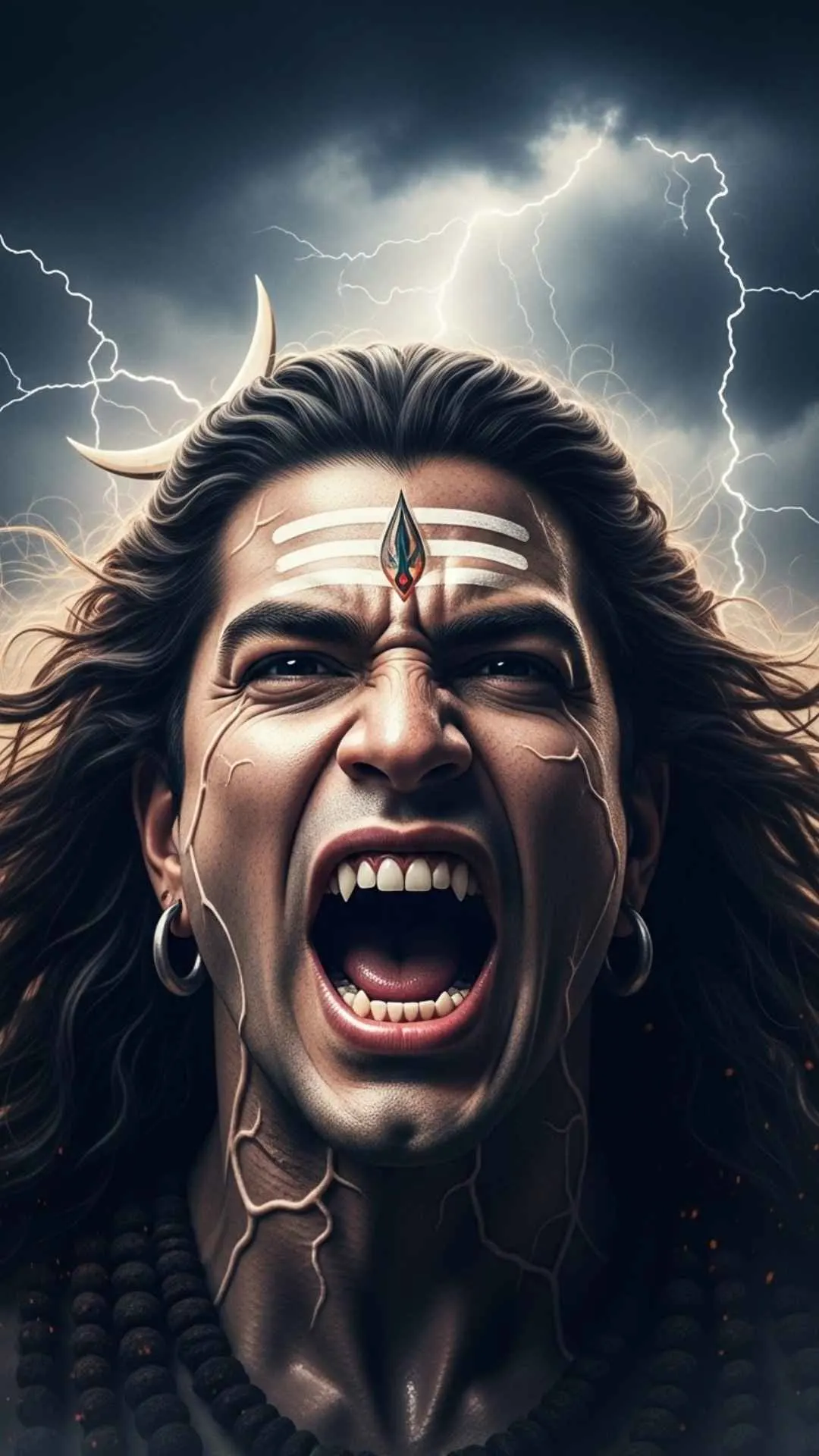 A fierce DP of Lord Shiva in his Rudra form, roaring amidst a storm with lightning, showcasing his powerful Mahakal aspect. #Rudra #MahakalRoar #FierceShiva #StormGod #AngryDP