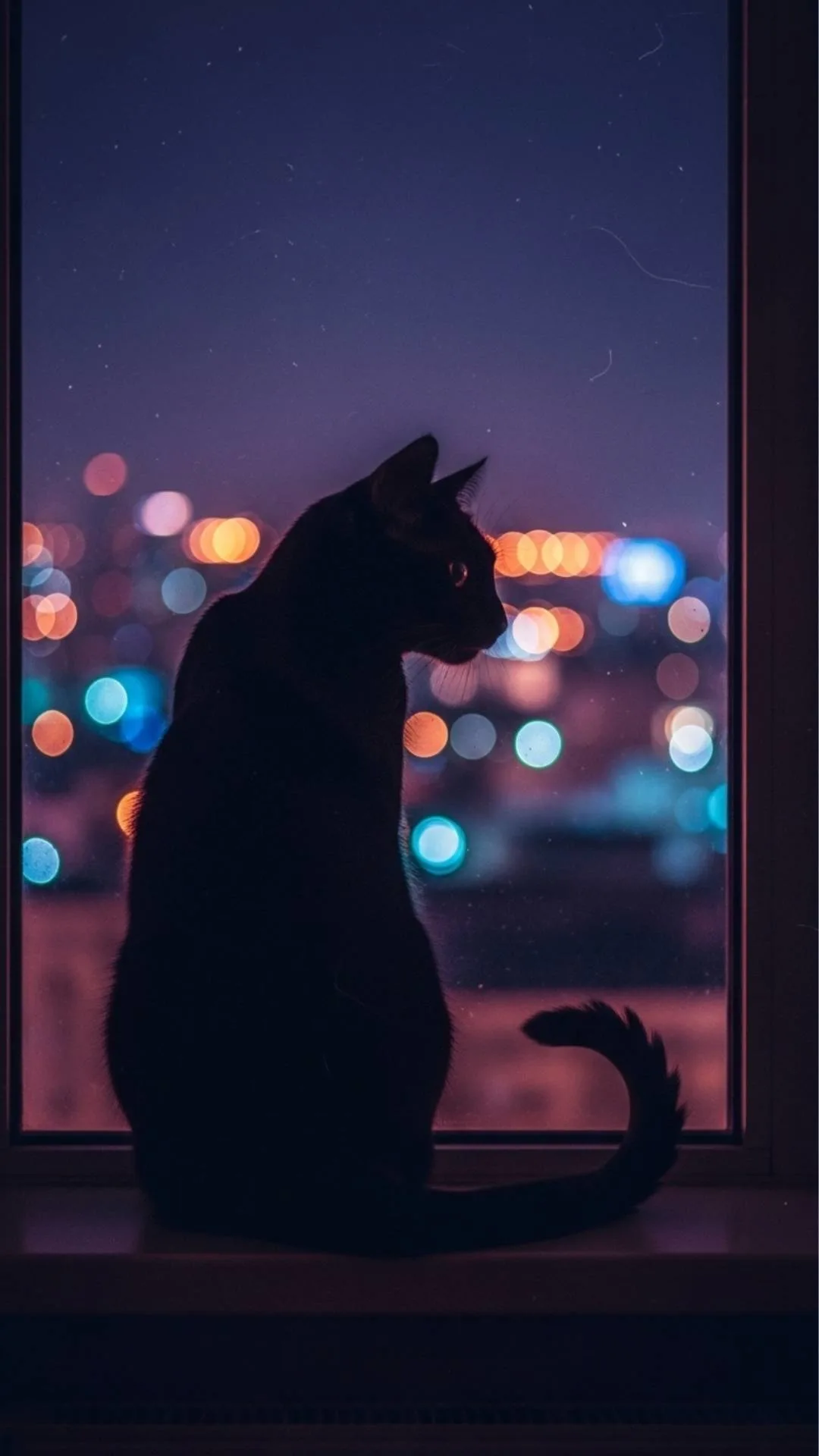 A mysterious silhouette DP of a cat on a windowsill watching the city lights at night. #CatSilhouette #Bokeh #CityLights #MysteriousDP #CozyVibes