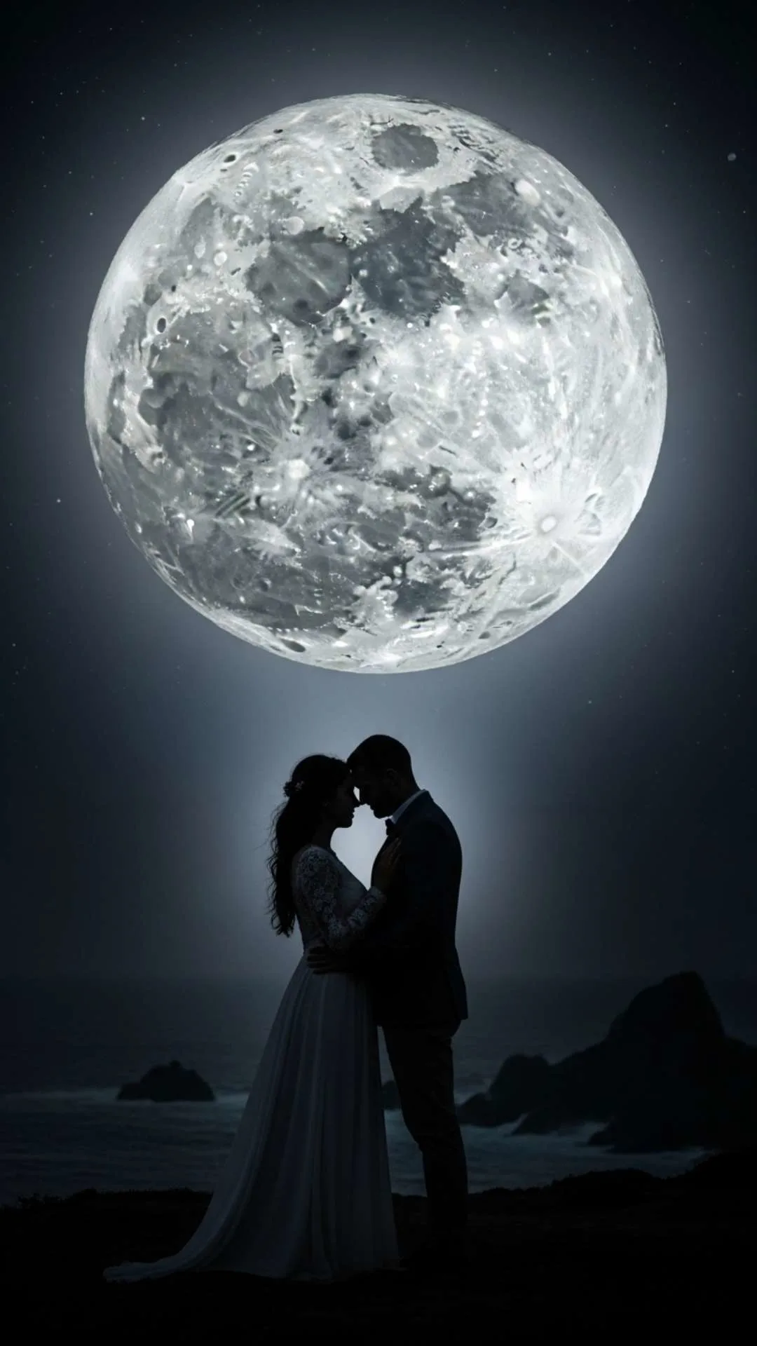 A romantic silhouette DP of a couple sharing an intimate moment under a giant full moon, symbolizing eternal love. #CoupleSilhouette #FullMoon #RomanticDP #Love #CoupleGoals