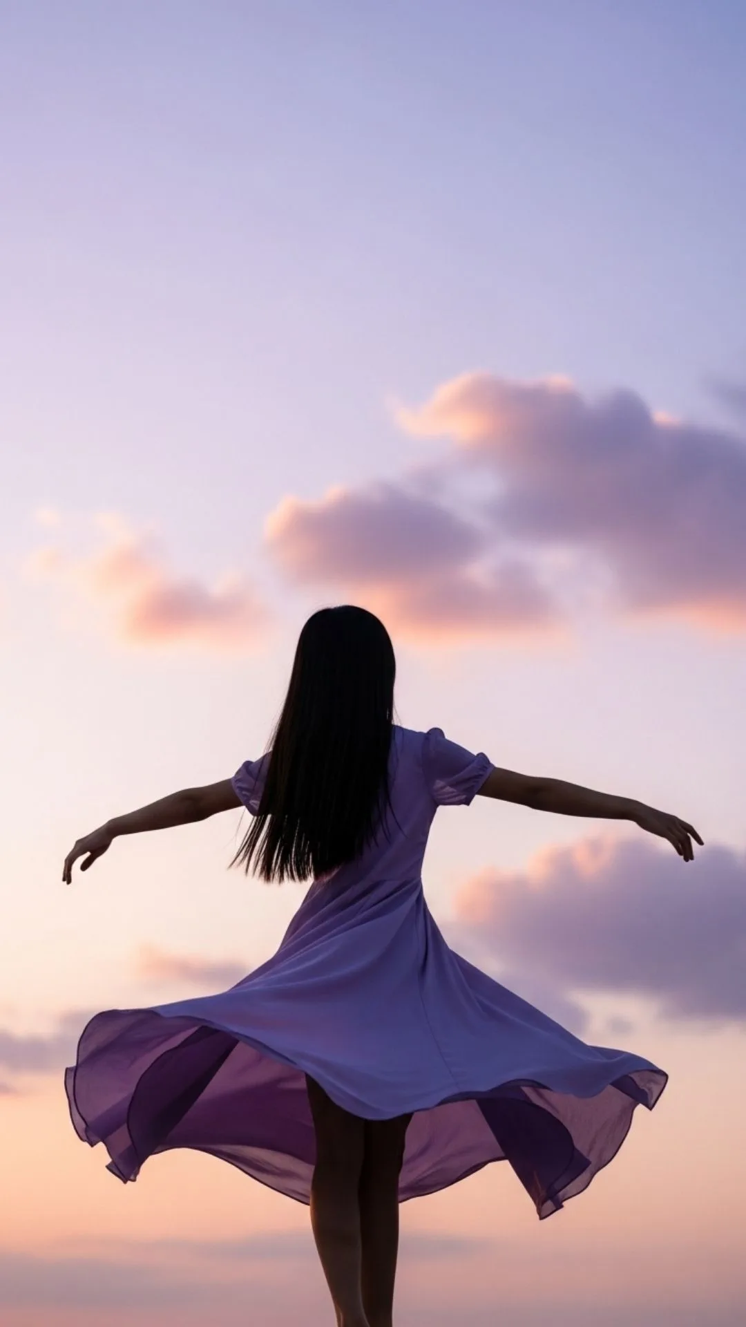 An elegant silhouette DP of a girl dancing gracefully against a soft pastel sky, representing freedom and beauty. #DanceSilhouette #Graceful #AestheticDP #Freedom #Elegance