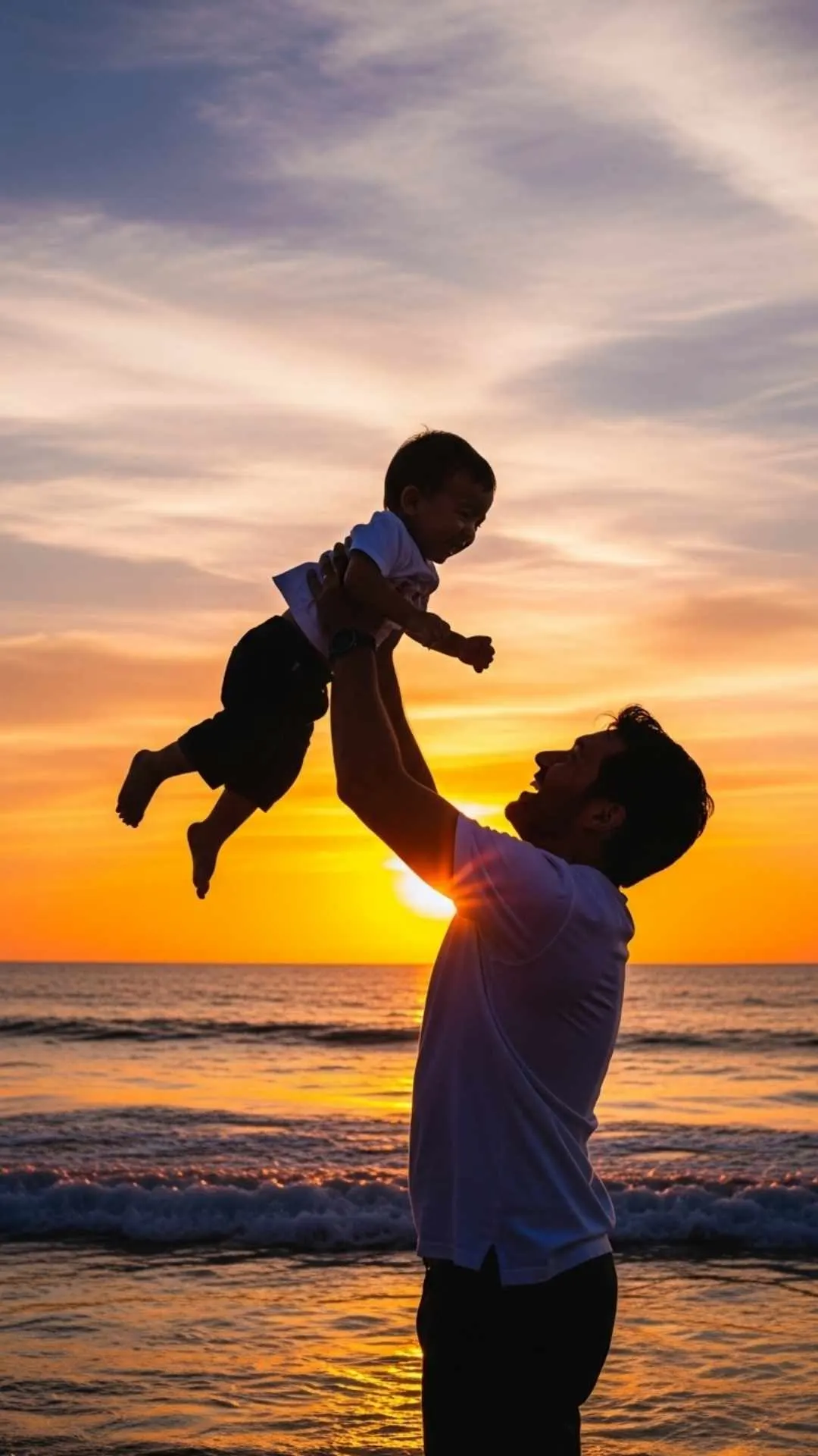 A heartwarming silhouette DP of a father and child playing on a beach at sunset, symbolizing family love and joy. #FamilyLove #FatherAndChild #Sunset #Heartwarming #FamilyGoals