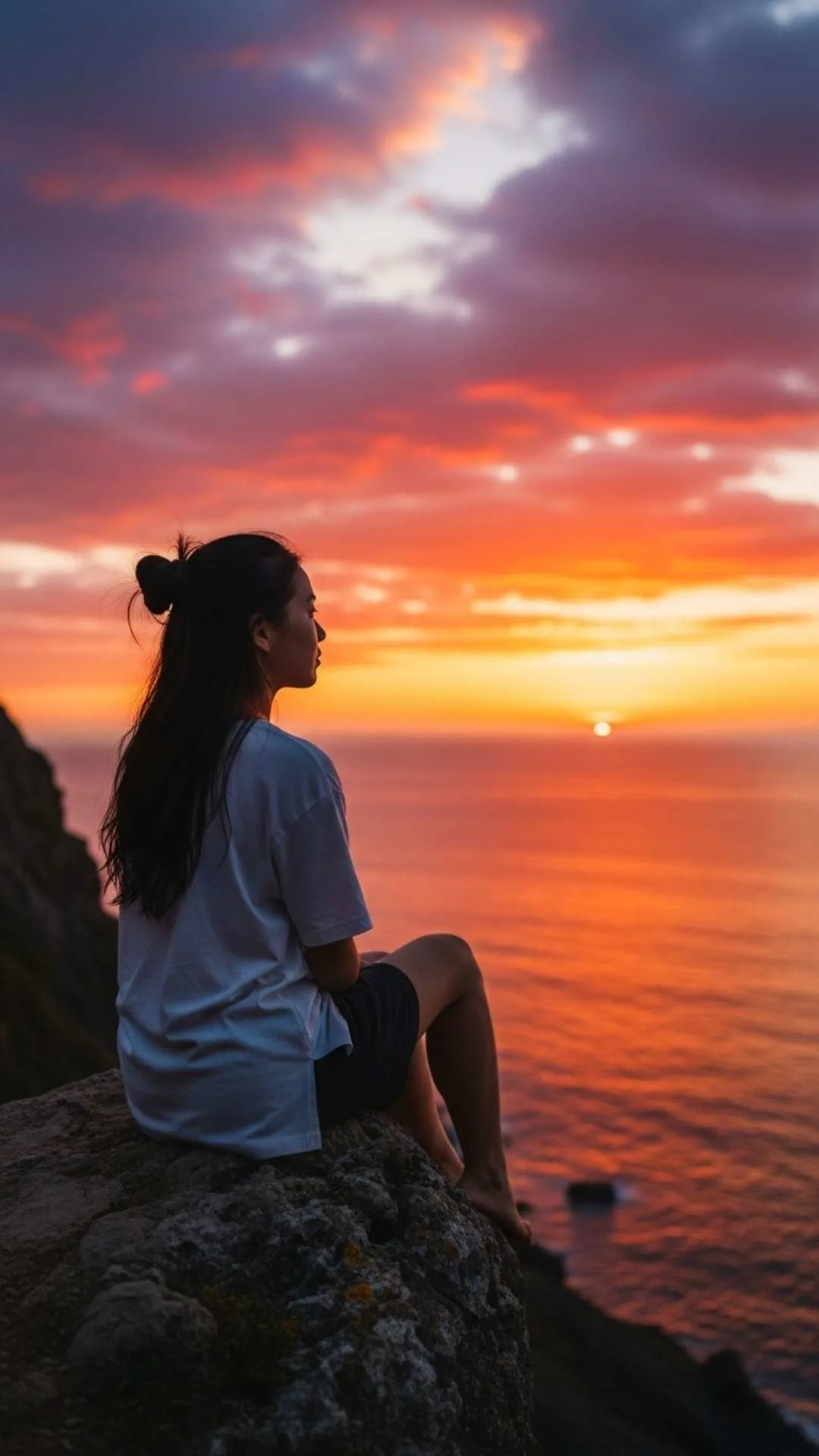 A thoughtful silhouette DP of a person sitting on a cliff watching a fiery sunset over the ocean, symbolizing peace and introspection. #SilhouetteDP #SunsetLover #Introspection #Peaceful #AloneDP