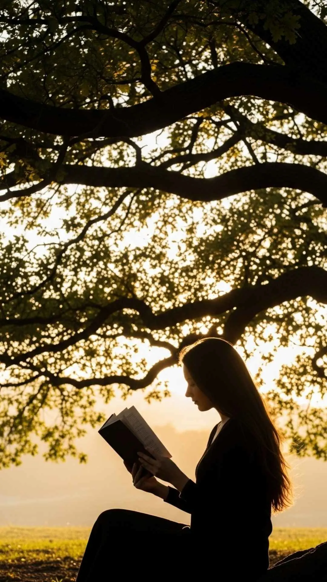 A peaceful silhouette DP of a person reading a book under a tree, symbolizing quiet joy and escapism into stories. #Reading #BookLover #PeacefulDP #QuietMoment #Silhouette