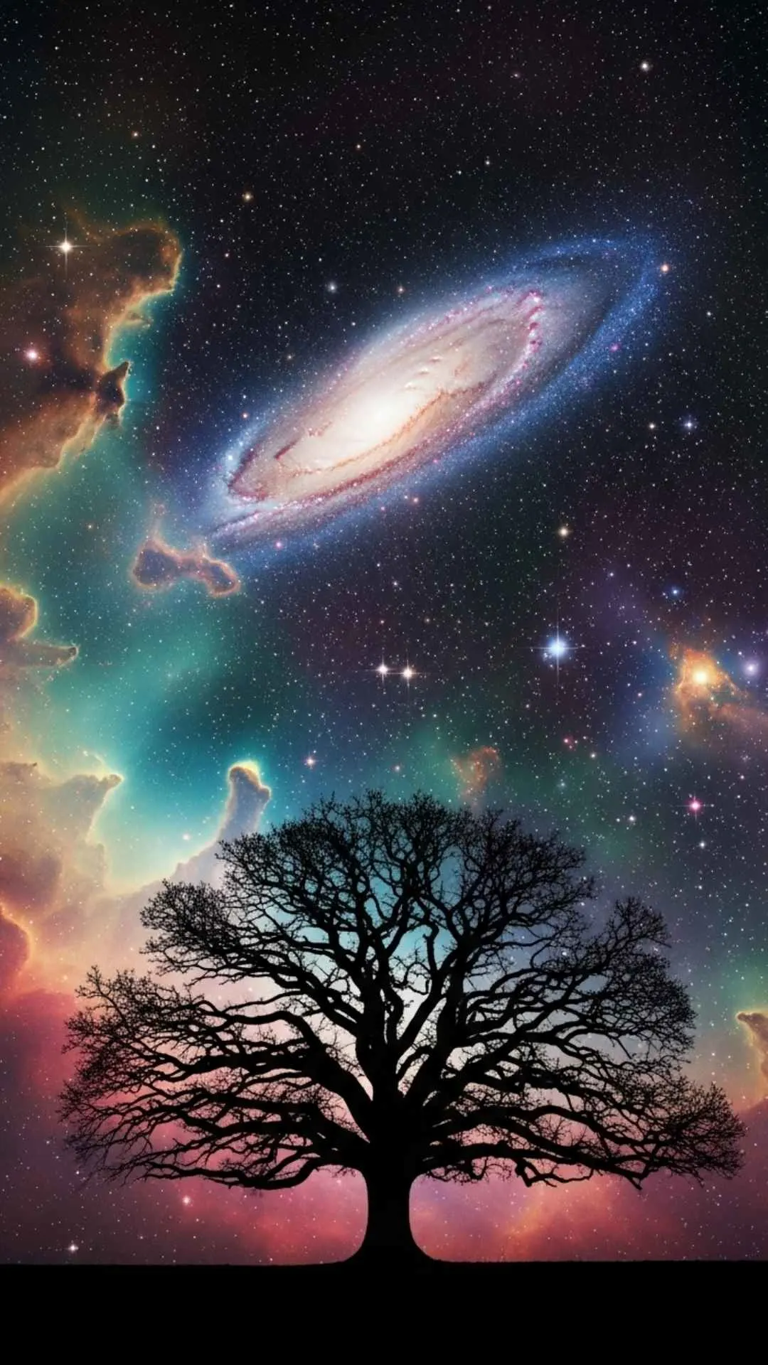 A symbolic silhouette DP of a lone tree against a cosmic galaxy background, representing life, strength, and connection. #TreeOfLife #CosmicArt #Silhouette #SymbolicDP #Strength
