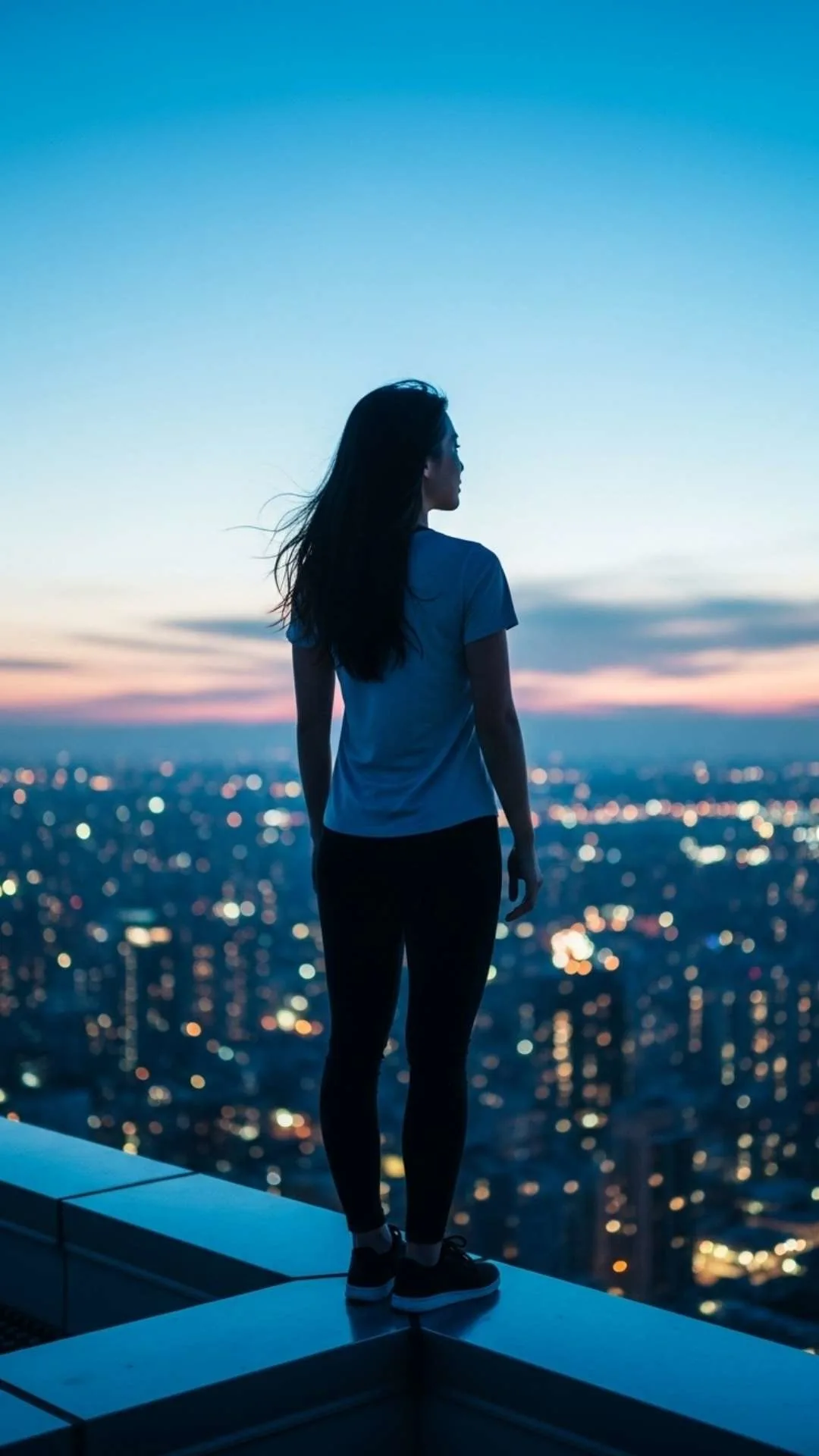 A modern silhouette DP of an urban explorer on a rooftop overlooking the city at blue hour. #UrbanExplorer #Cityscape #RooftopVibes #ModernDP #Adventure