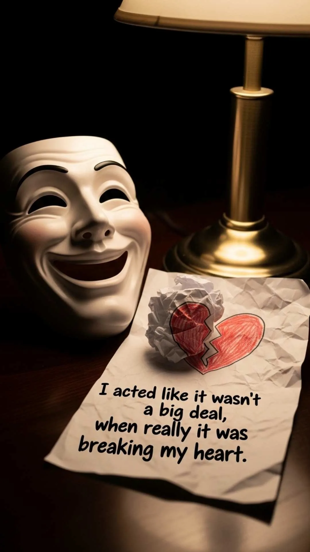 A deep sad quote DP about hidden pain, with a smiling mask next to a drawing of a broken heart.