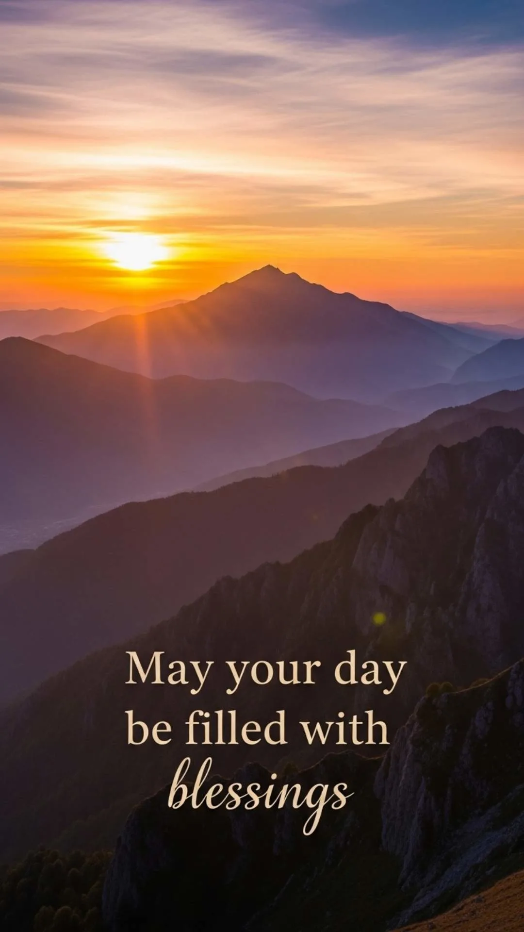 Spiritual Morning DP, beautiful sunrise over misty mountains with a "May your day be filled with blessings" message, uplifting profile picture.