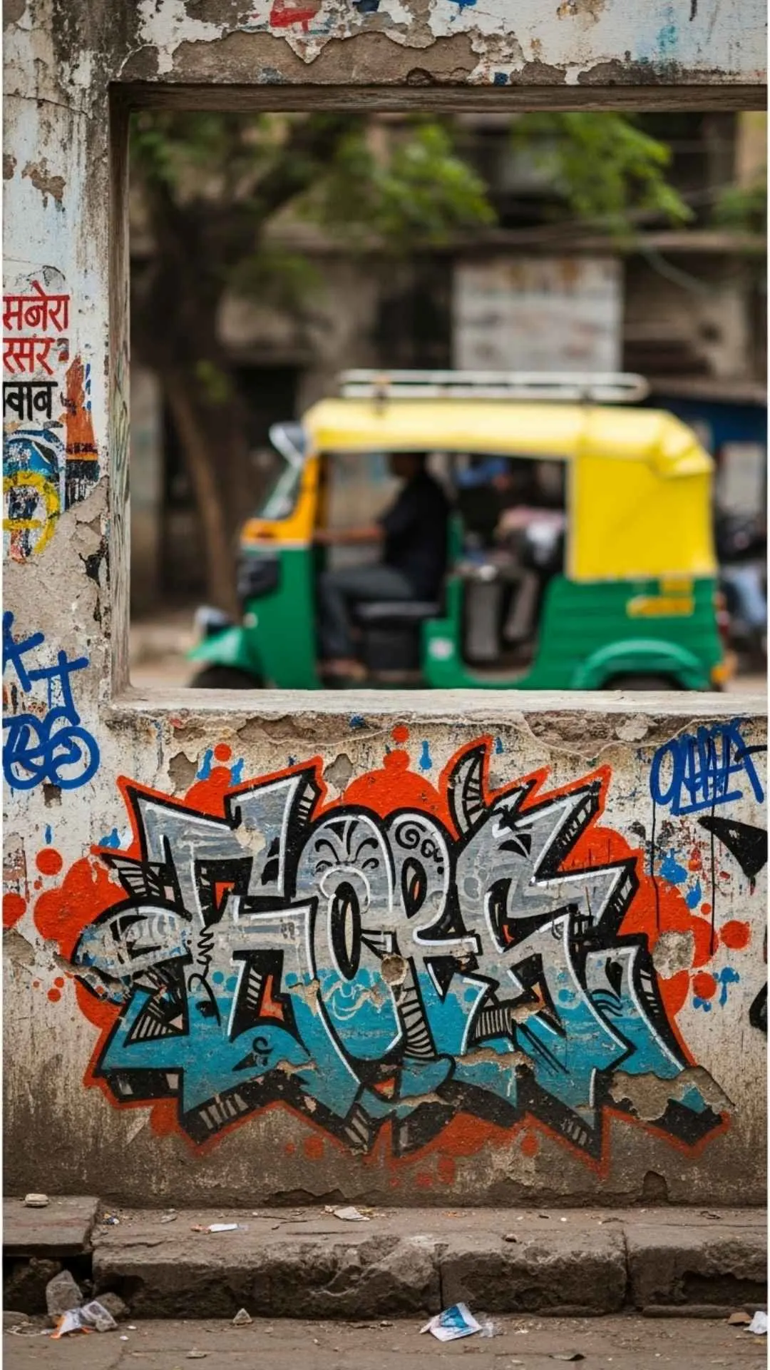 Indian street art aesthetic DP, vibrant graffiti, colorful auto-rickshaw, urban India vibe, gritty city profile picture, unique street photography.