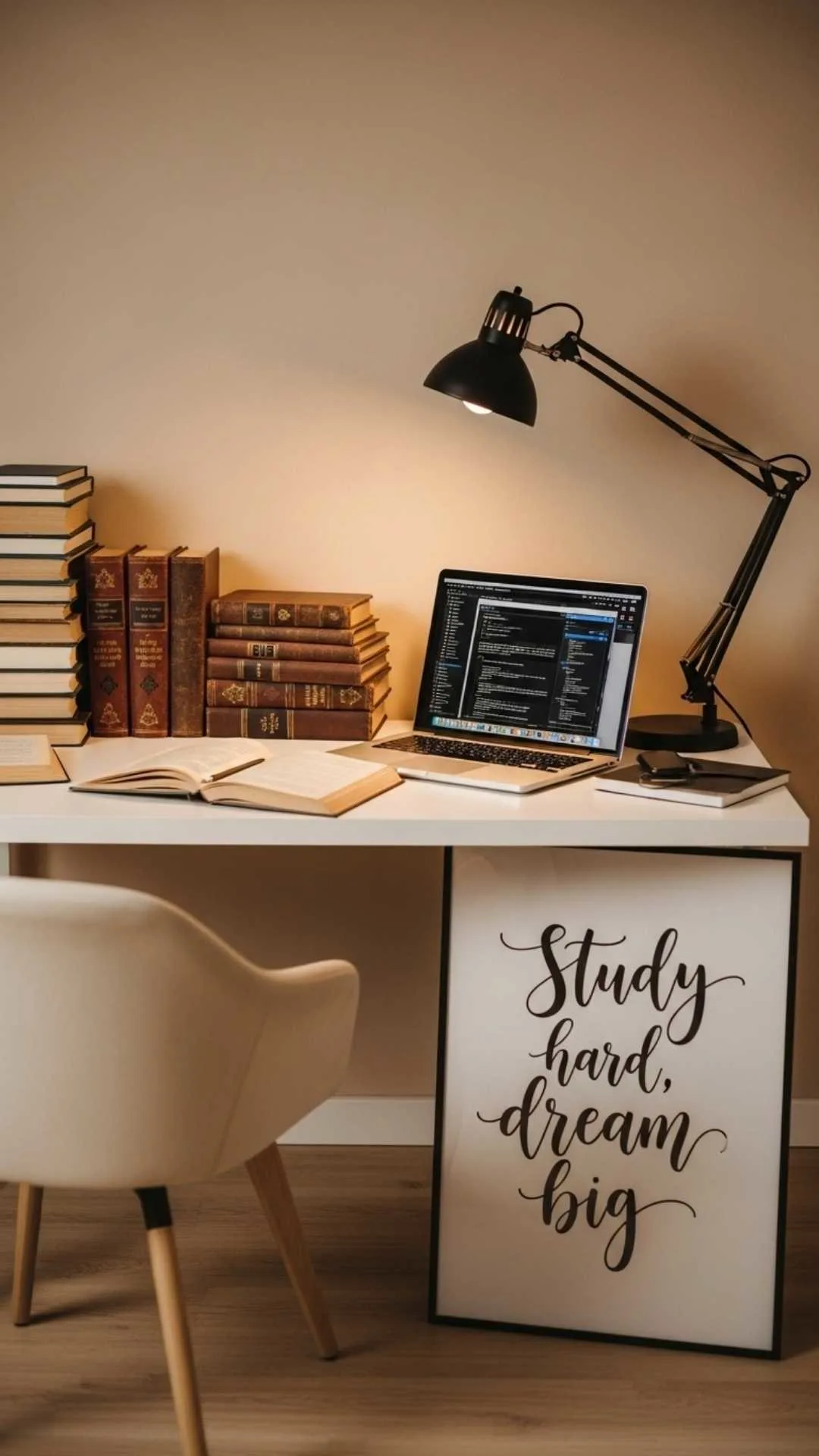 Student life study Instagram DP, academic profile picture, focused aesthetic image with dream big quote, education goals wallpaper.