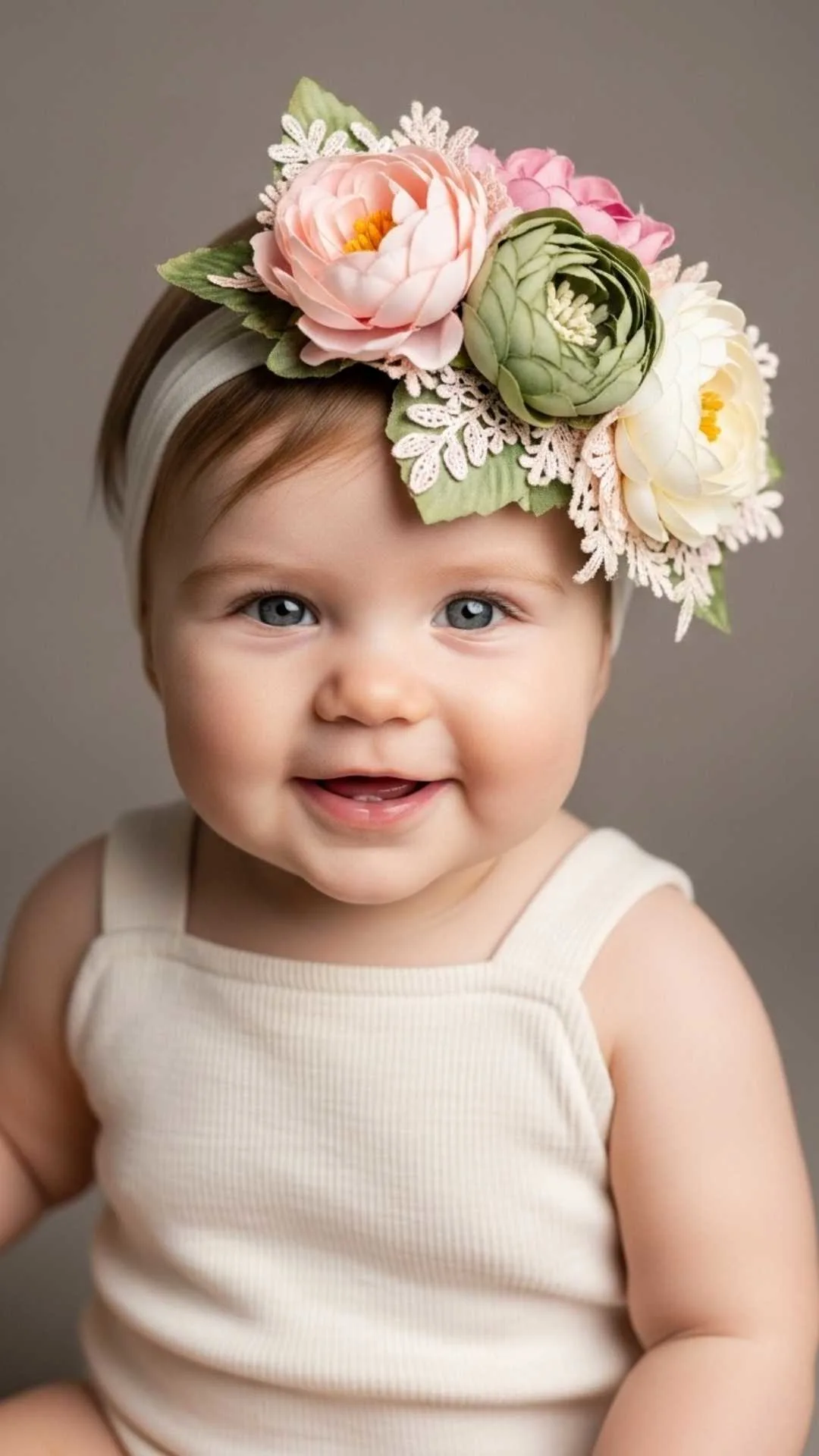 A stylish baby girl with a fashionable floral headband smiling sweetly for a chic WhatsApp DP