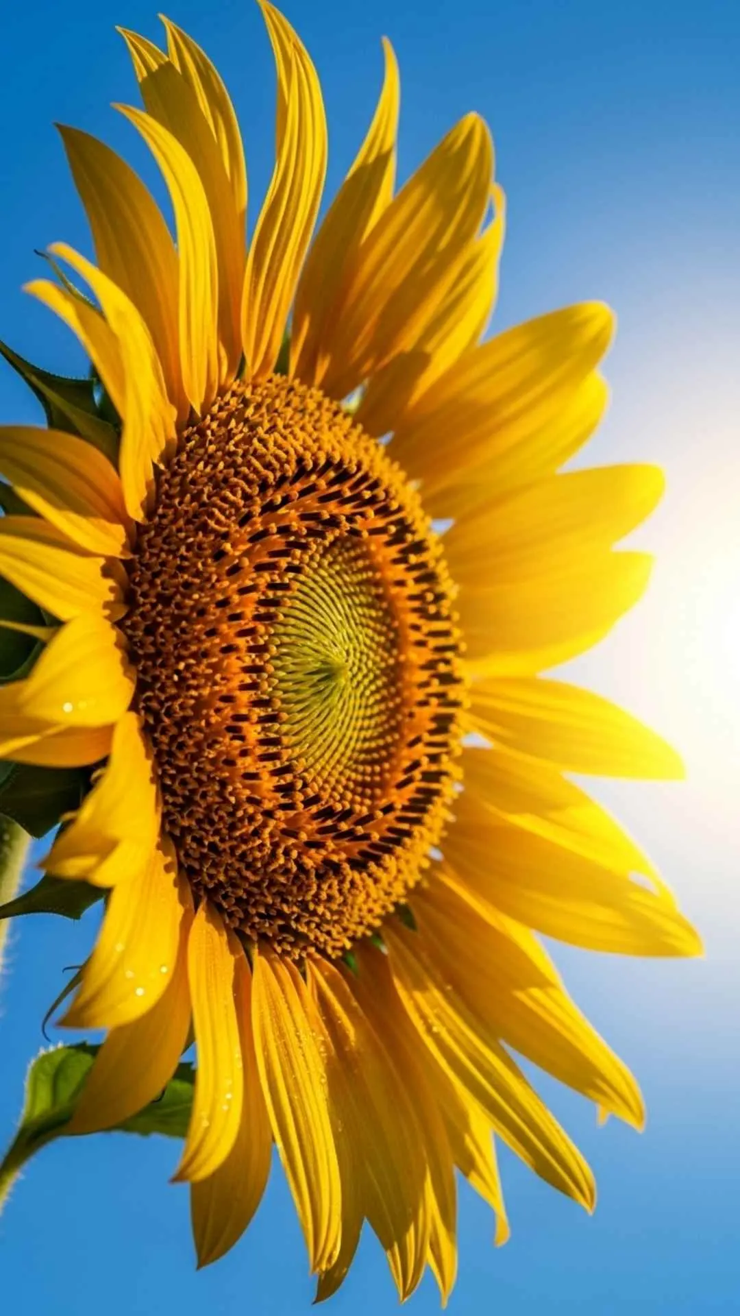 An HD profile picture of a vibrant sunflower facing the sun against a blue sky, a positive energy DP for WhatsApp that symbolizes optimism and joy.