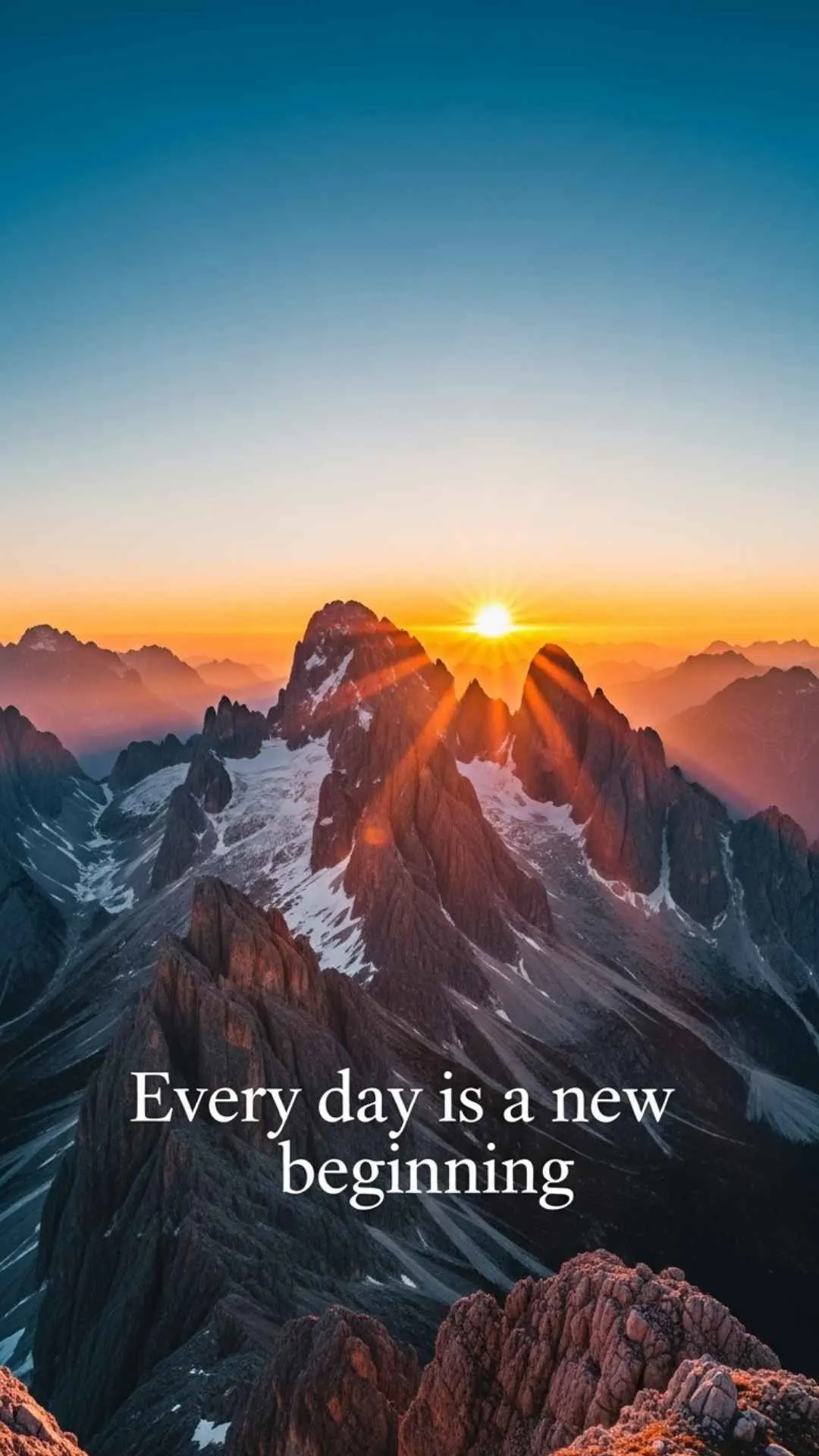 A breathtaking sunrise over majestic mountain peaks, with a subtle overlay of the English quote "Every day is a new beginning" in elegant white font.