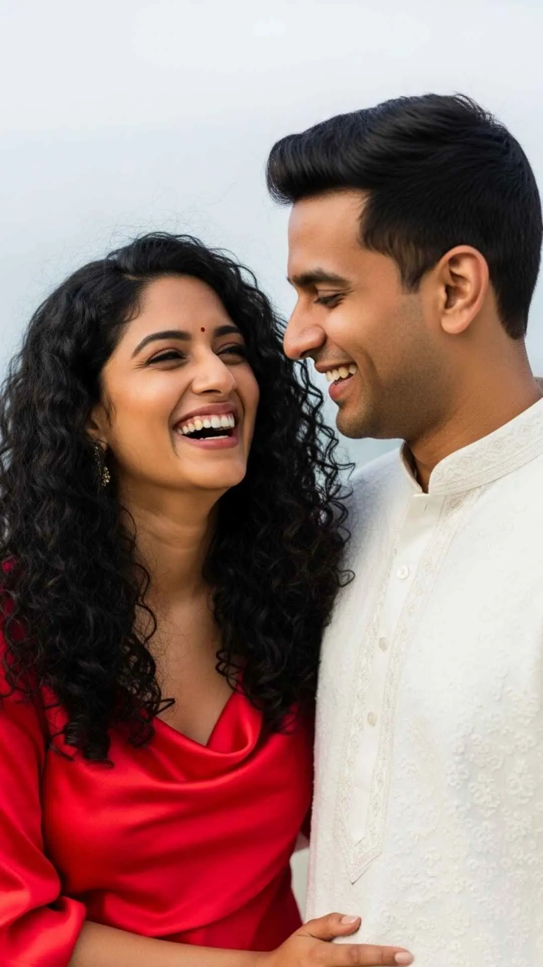 Cute candid couple DP for Instagram, happy laughing profile picture, joyful Indian couple, natural love DP.