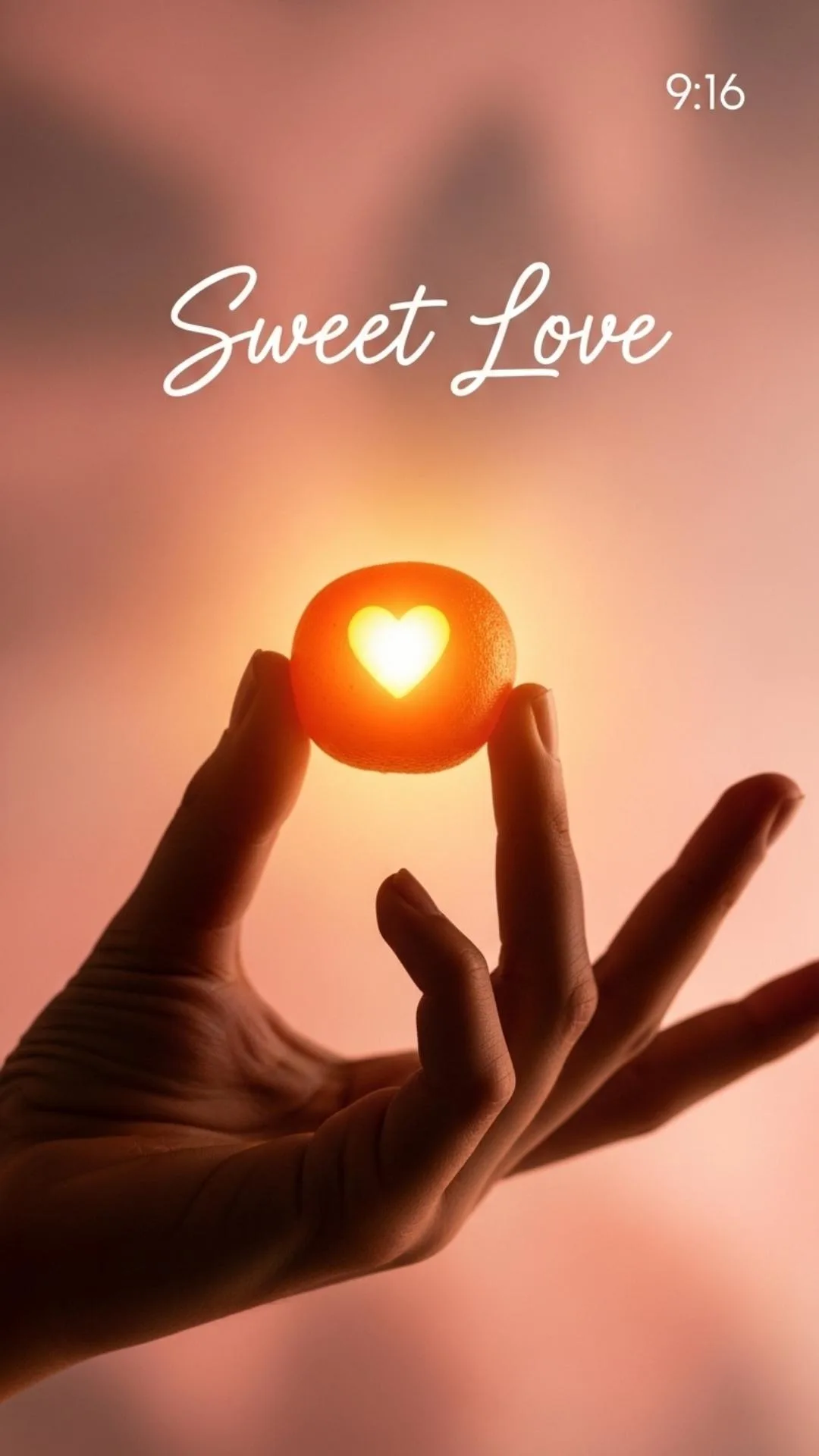 Hand holding glowing Gulab Jamun with heart symbol, 'Sweet Love' text, delightful Indian sweet, joyful.