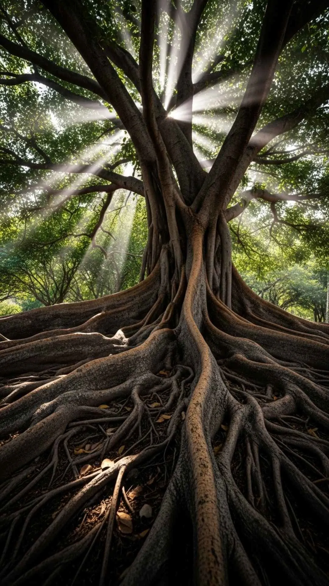 Symbolic motivational DP of Banyan tree roots representing grounding, stability, and inner strength. A powerful image of resilience for a unique WhatsApp DP