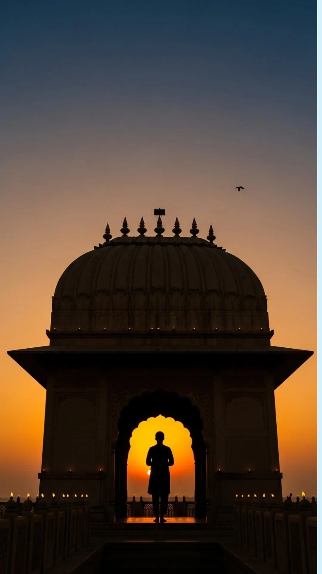 Reverent attitude DP, Indian temple archway, spiritual dusk profile