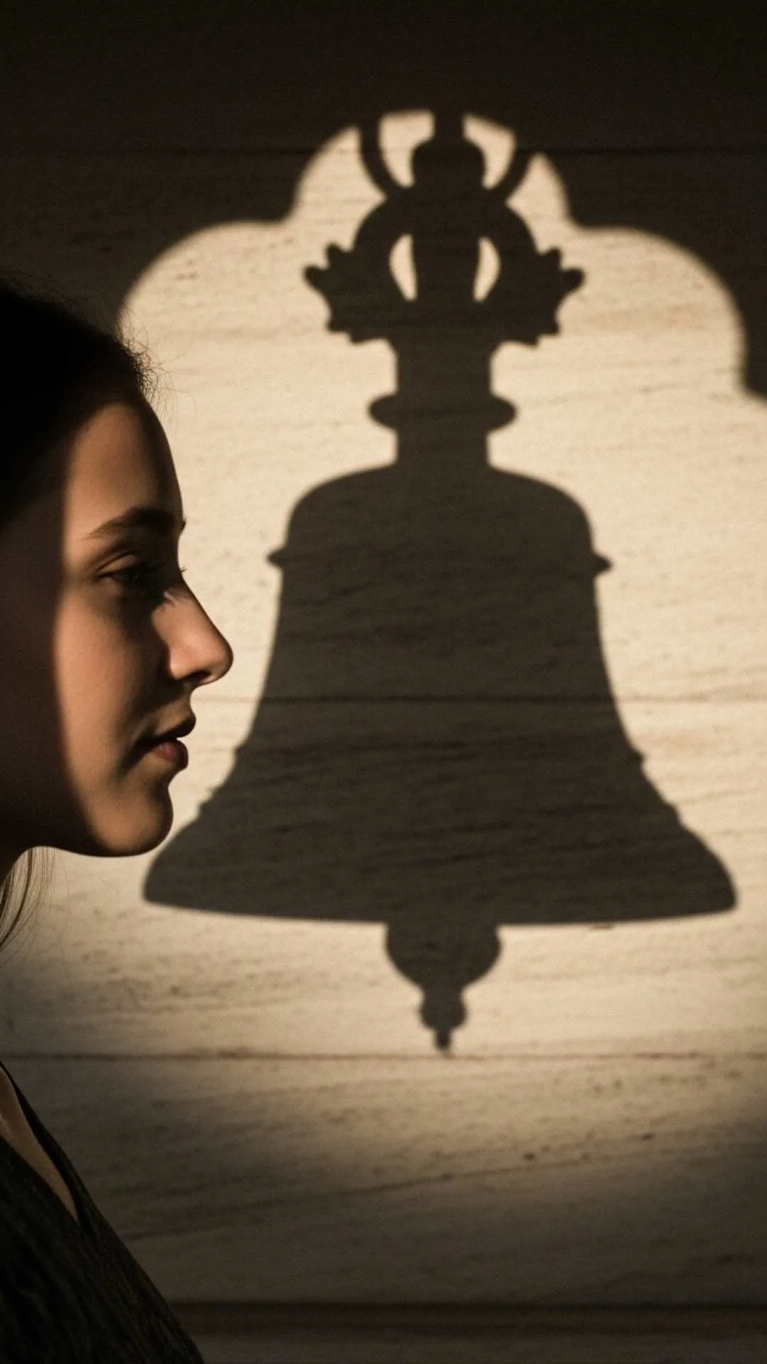 Shadow aesthetic DP, profile partially hidden by Indian temple bell shadow, spiritual and mysterious vibe, traditional Indian elements, muted tones.