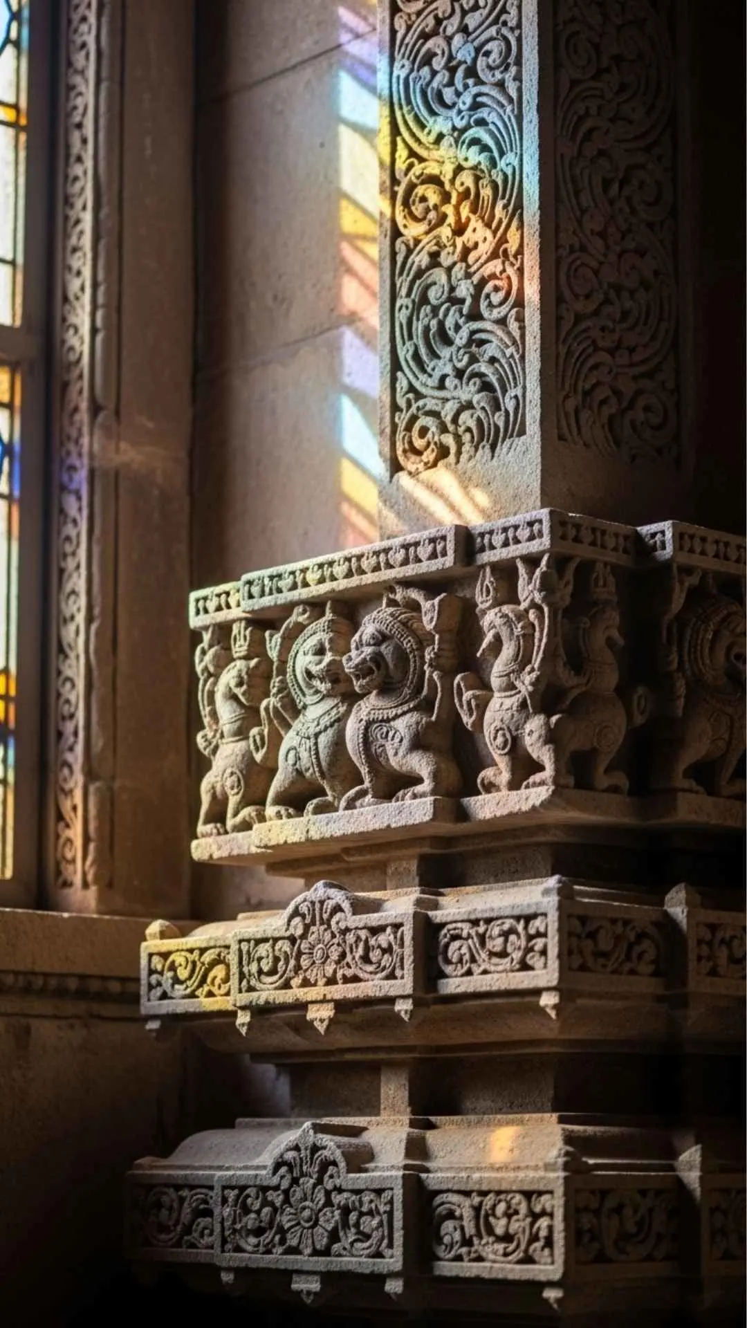 Ancient Indian temple architecture DP, ornate stone carving, ethereal sunlight, textured wall, spiritual aesthetic, historical profile picture.
