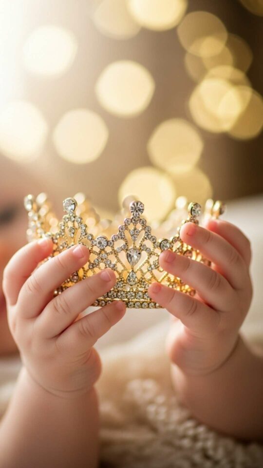 A macro shot of a baby's tiny hands holding a sparkling golden crown against a soft, blurred background