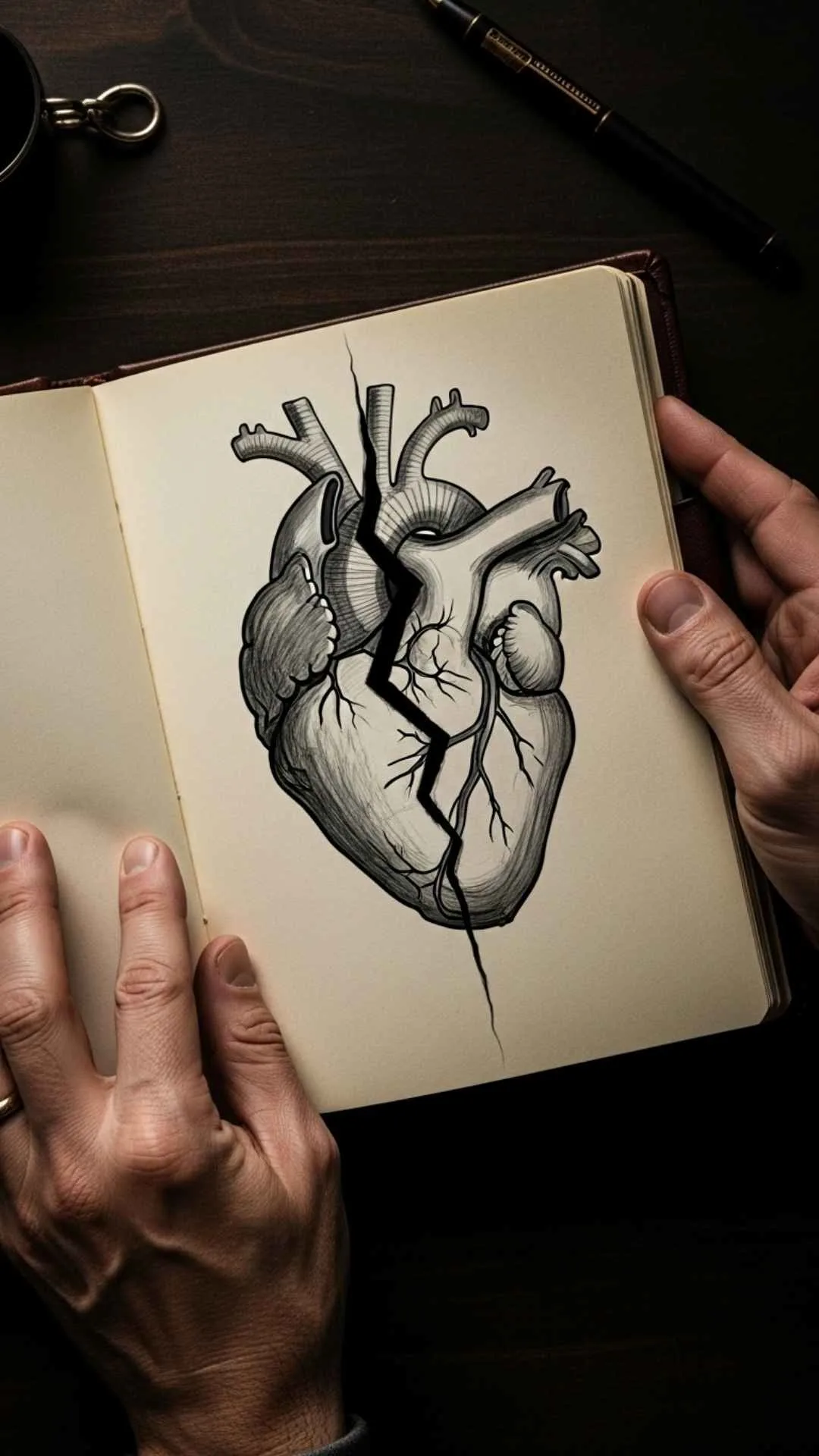 An artistic DP for a broken heart, showing a torn drawing of a heart in a journal, representing deep emotional pain.