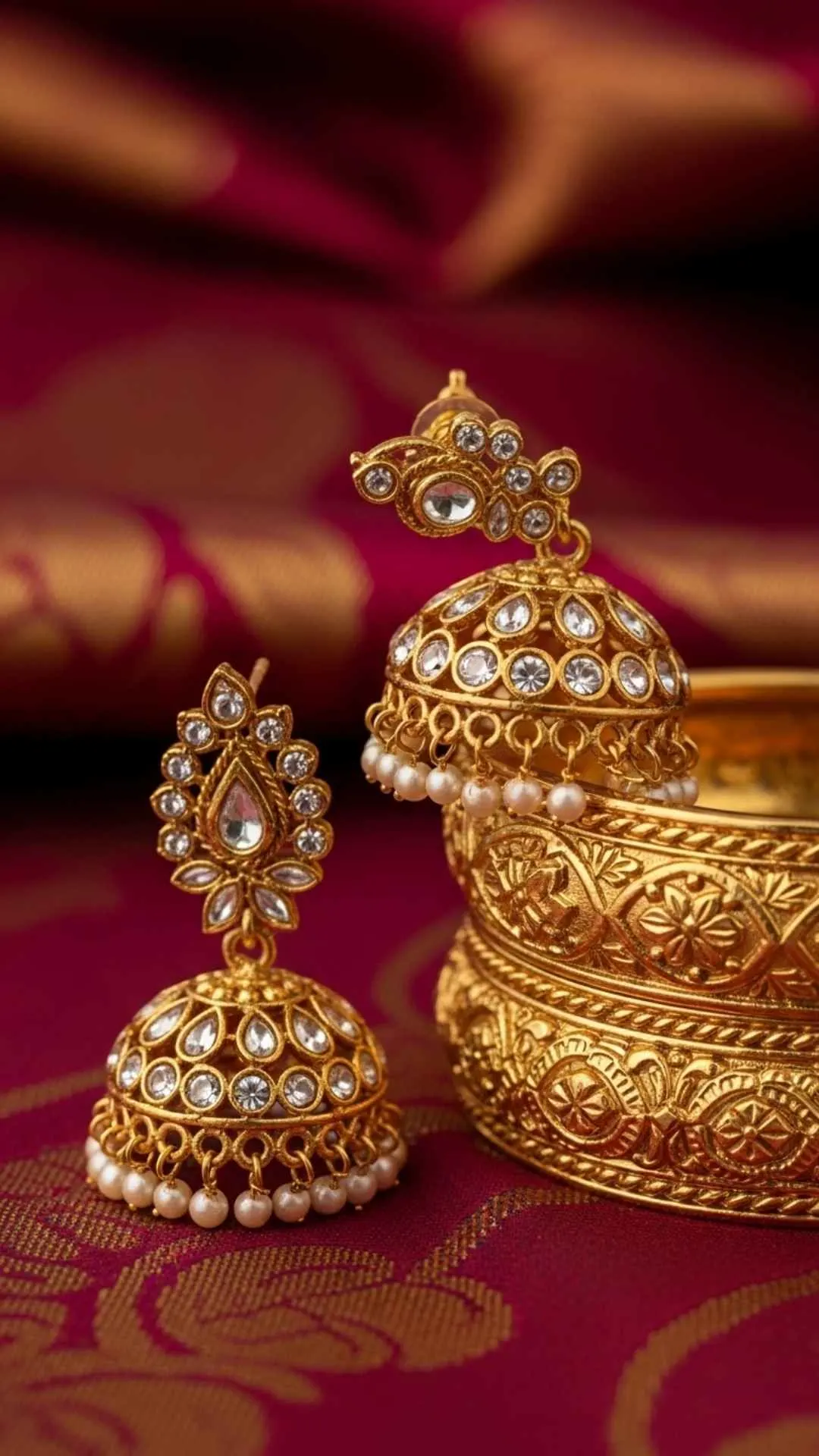 Macro shot of a sparkling Indian Jhumka earring, a luxurious traditional Indian jewelry DP for cultural fashion lovers.