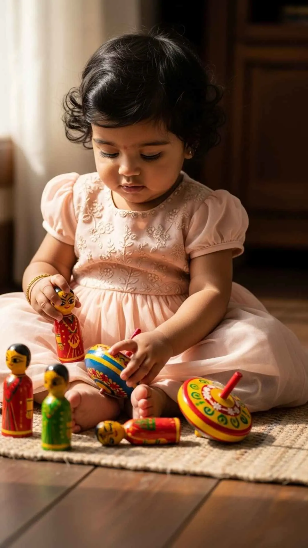 Charming princess baby pic playing with traditional Indian toys for WhatsApp DP.