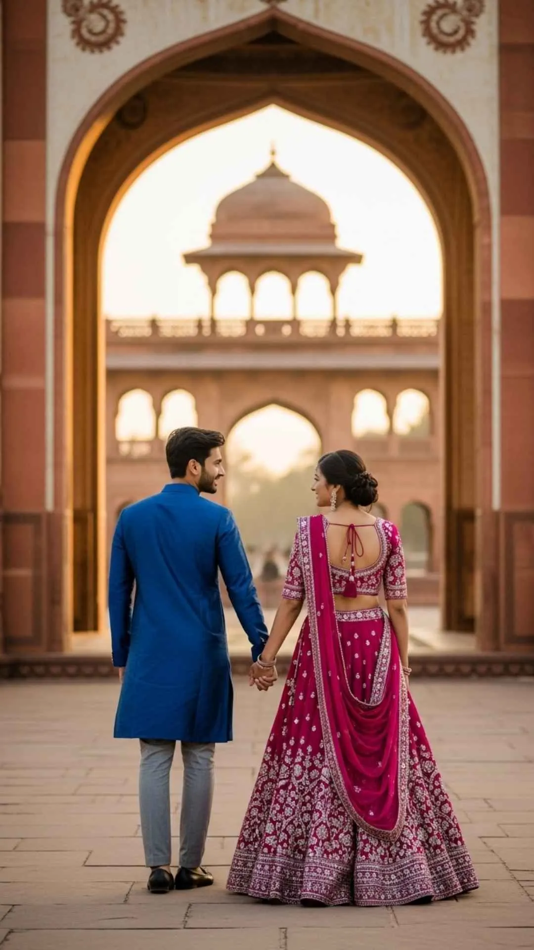 Joyful Indian couple from behind, holding hands, fusion traditional attire, walking towards ancient archway at sunset, healing love.