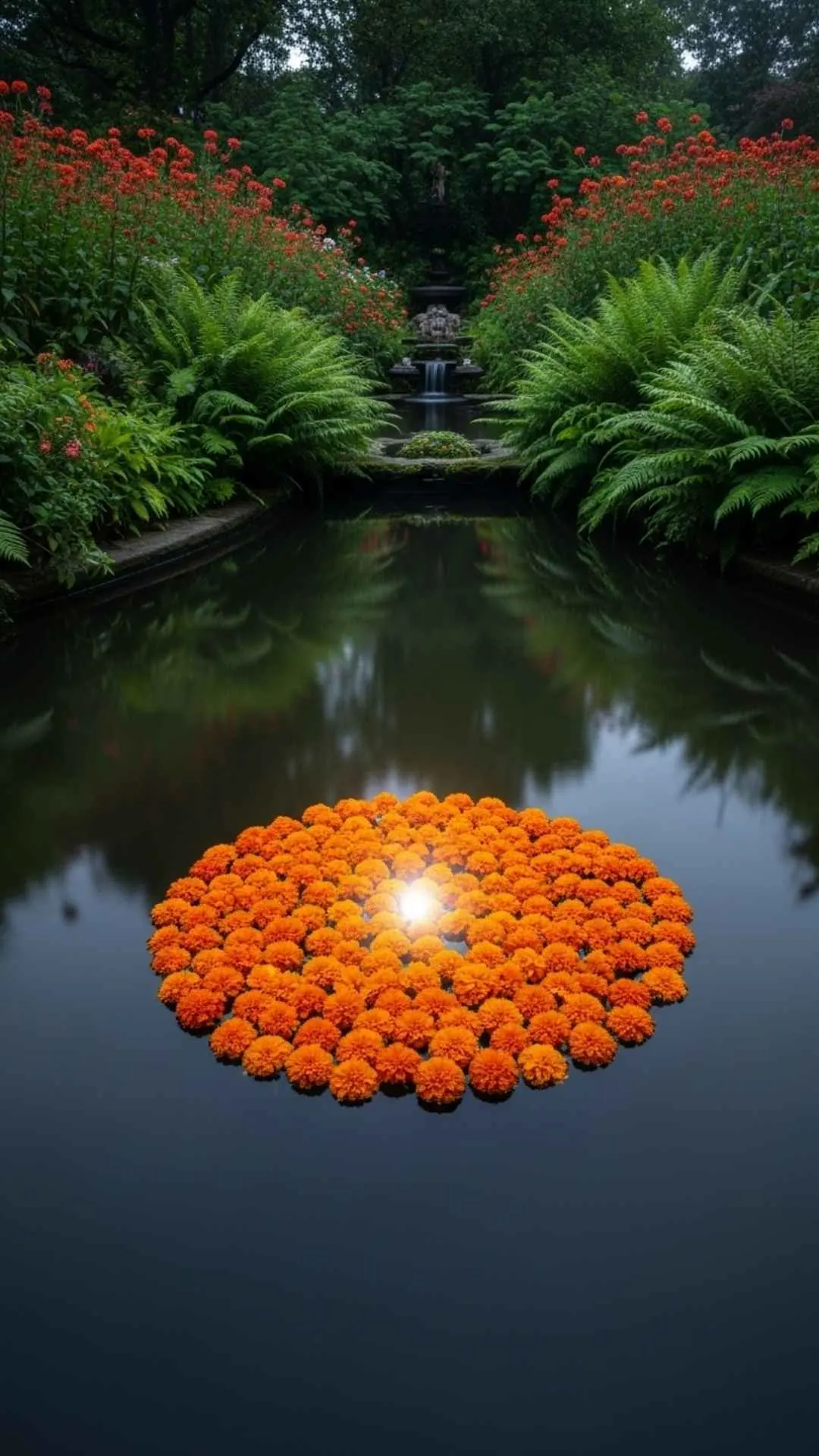 Tranquil water pool with floating marigold petals, gentle glow, serene reflection, peaceful healing.