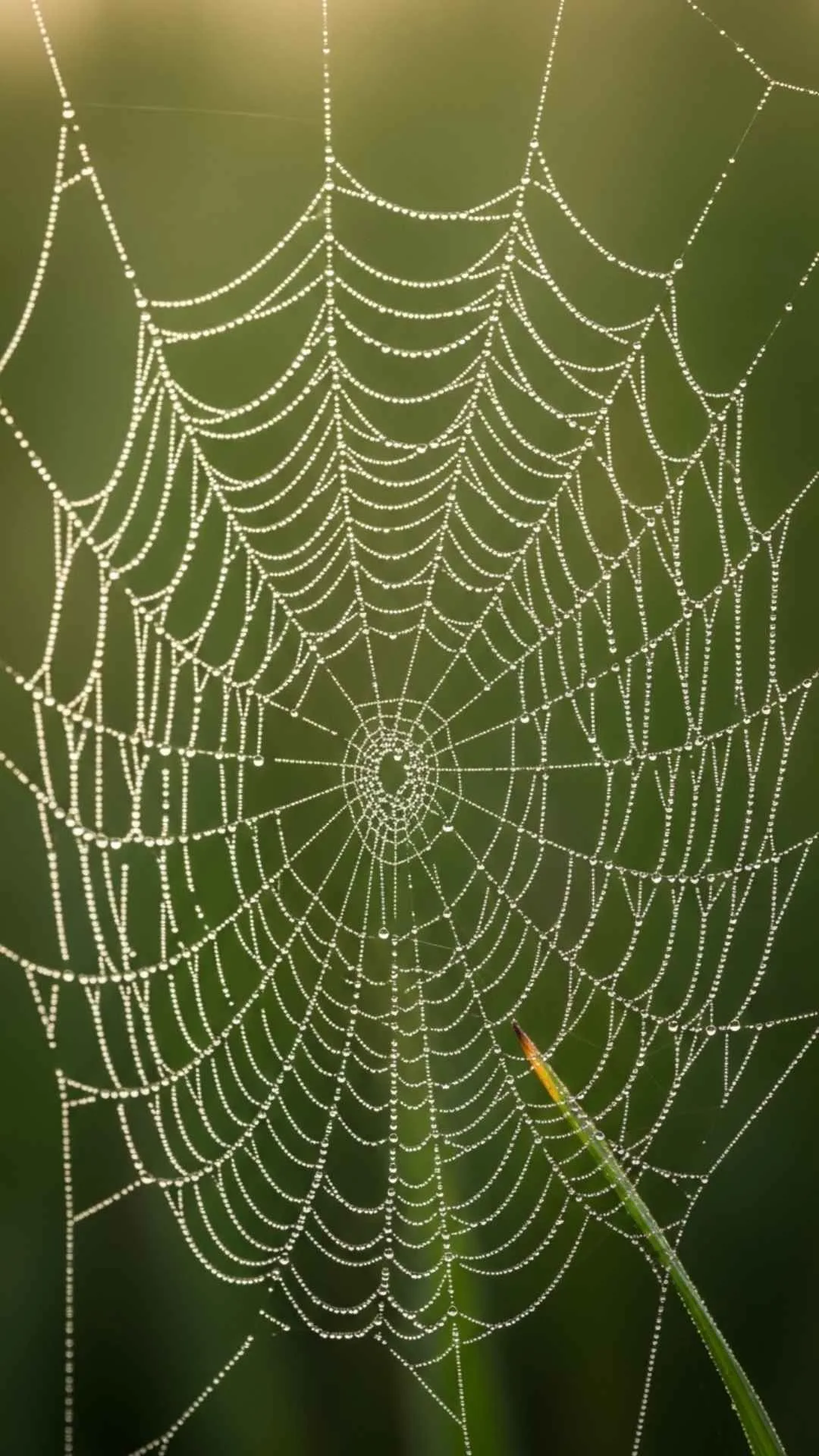 Serene unique nature DP showing sparkling dew drops on a spiderweb in morning light, ideal for a peaceful WhatsApp profile picture.